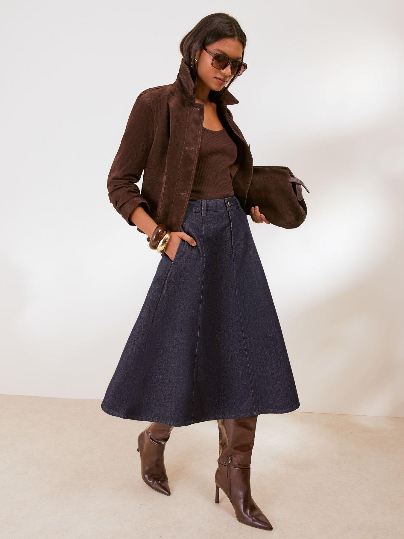 Image 3 of 5 of Friends Like These Rinse Wash Denim Seamed A Line Midi Skirt - Blue