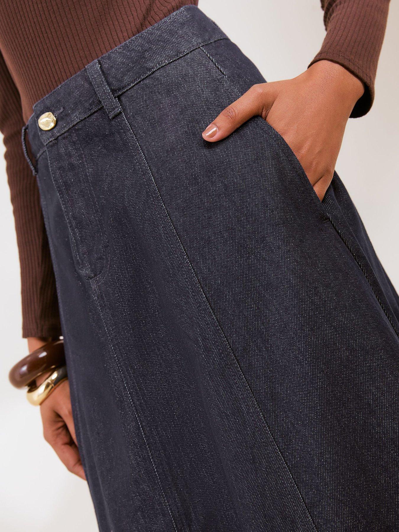 Image 4 of 5 of Friends Like These Rinse Wash Denim Seamed A Line Midi Skirt - Blue