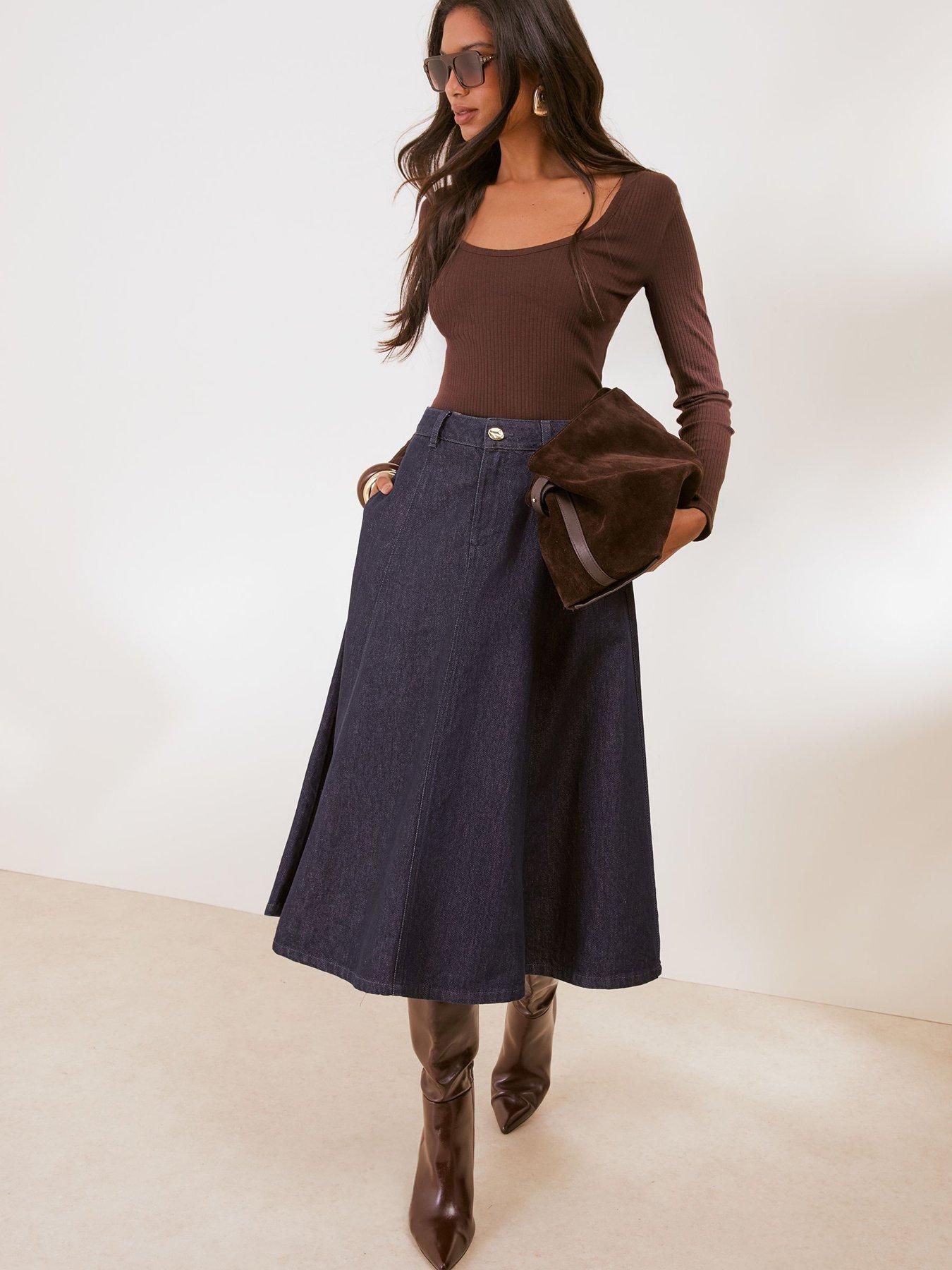 Image 5 of 5 of Friends Like These Rinse Wash Denim Seamed A Line Midi Skirt - Blue