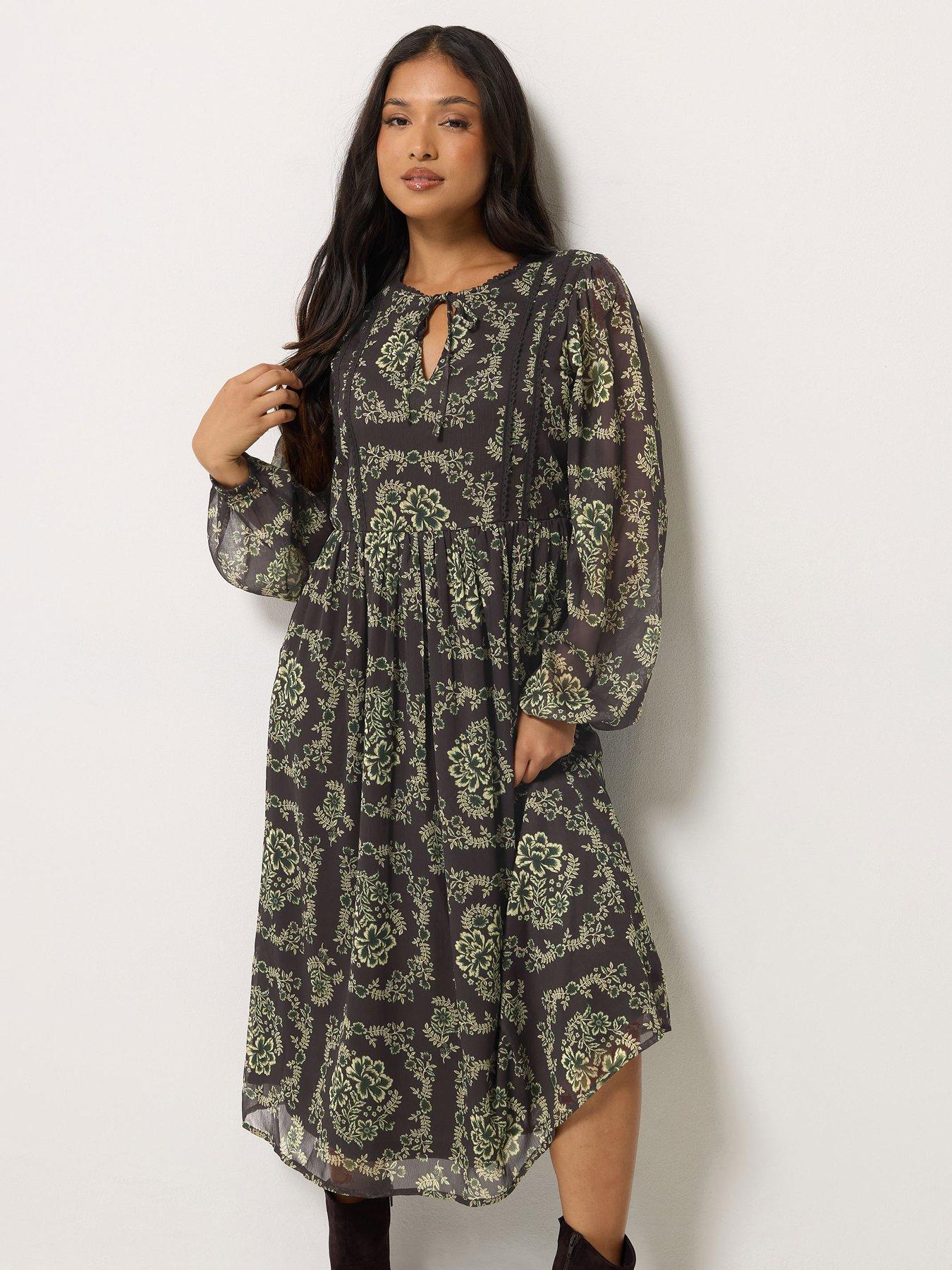Image 1 of 4 of PixieGirl PixieGirl Womens Petite Tie Neck Tiered Midi Dress - Brown