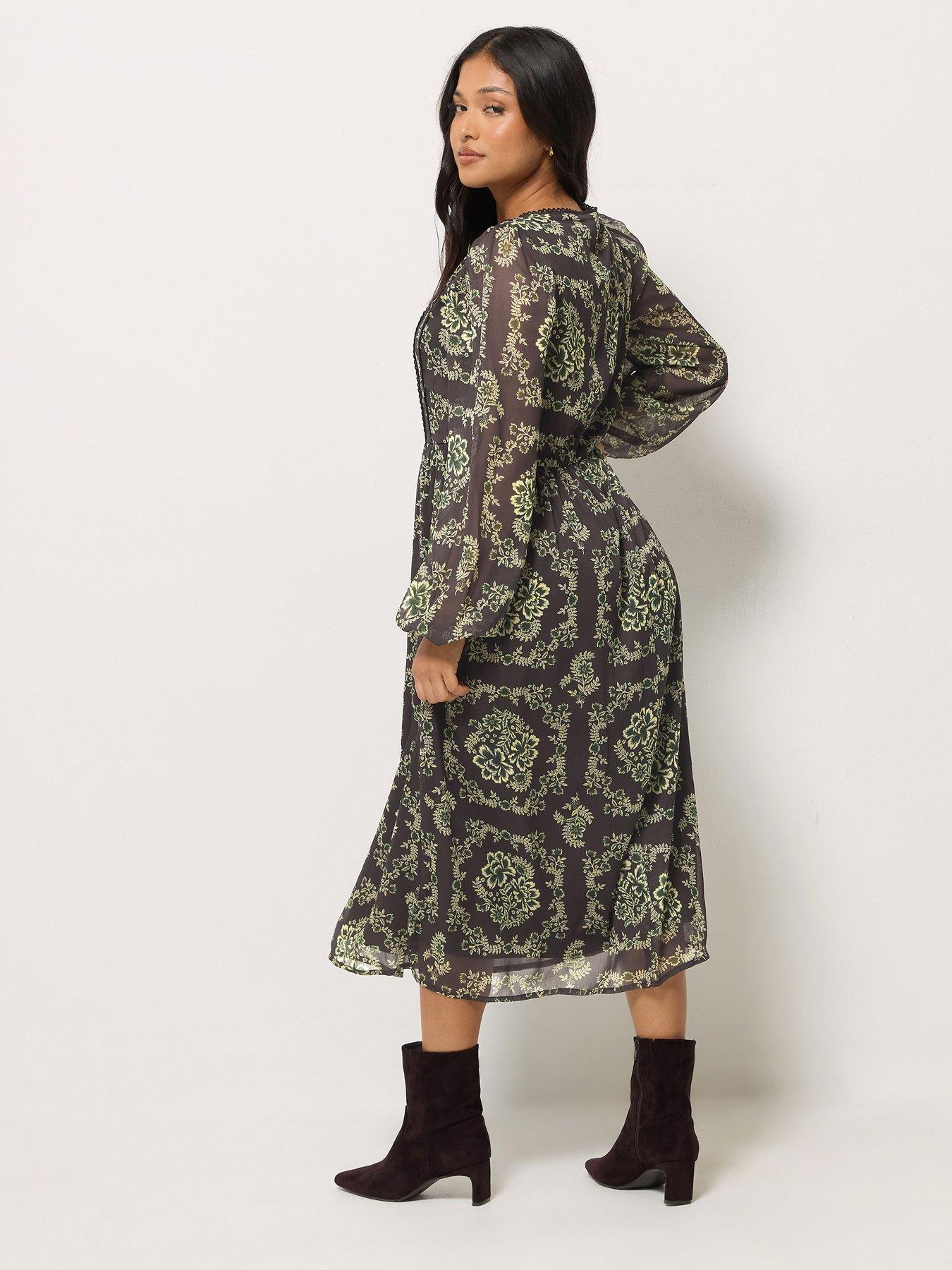 Image 2 of 4 of PixieGirl PixieGirl Womens Petite Tie Neck Tiered Midi Dress - Brown