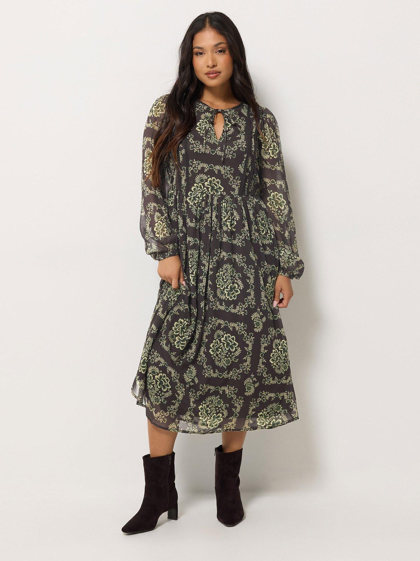 Image 3 of 4 of PixieGirl PixieGirl Womens Petite Tie Neck Tiered Midi Dress - Brown