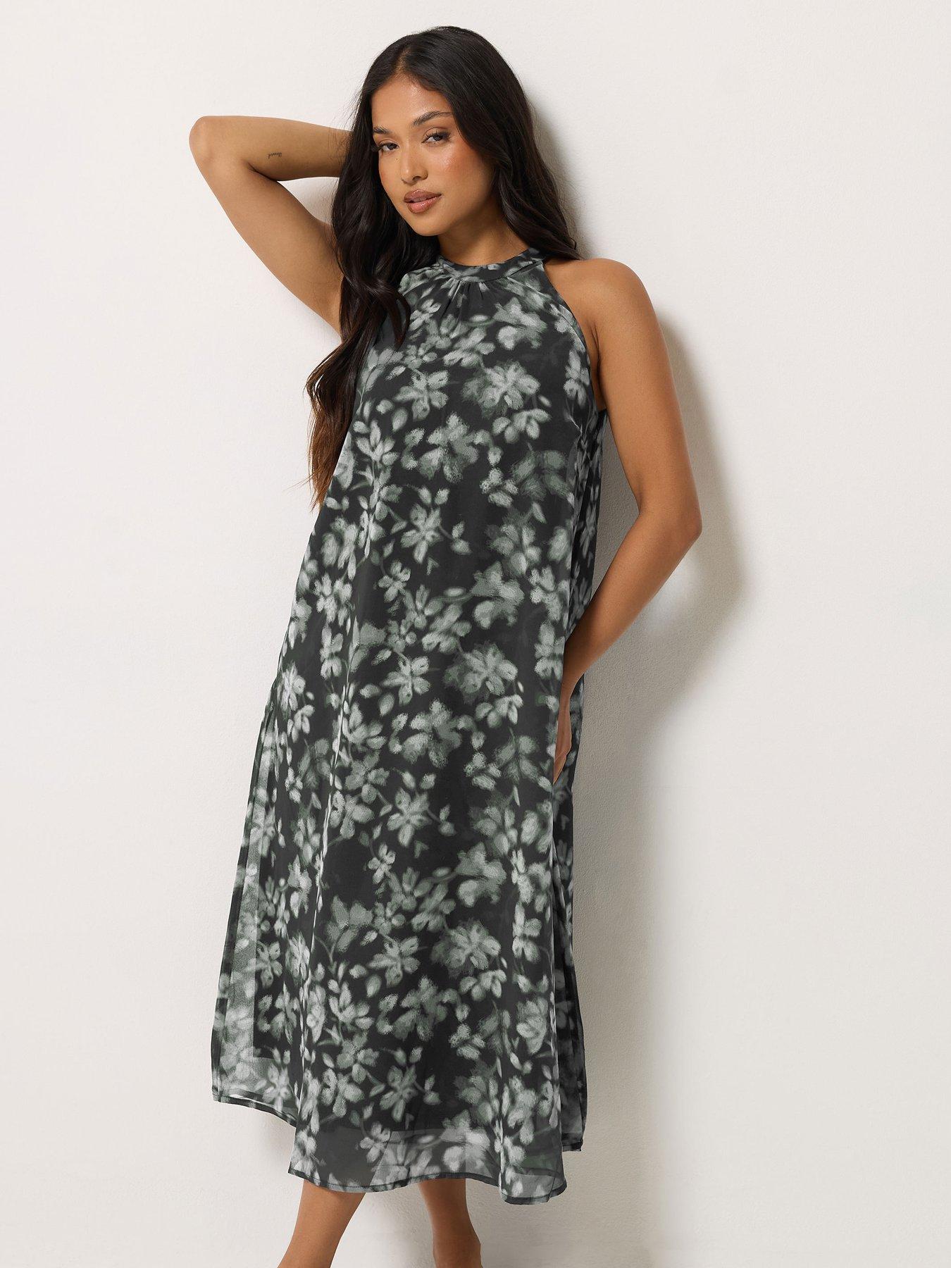 Image 1 of 4 of PixieGirl Womens Petite Blurred Floral Halter Midi Dress - Black