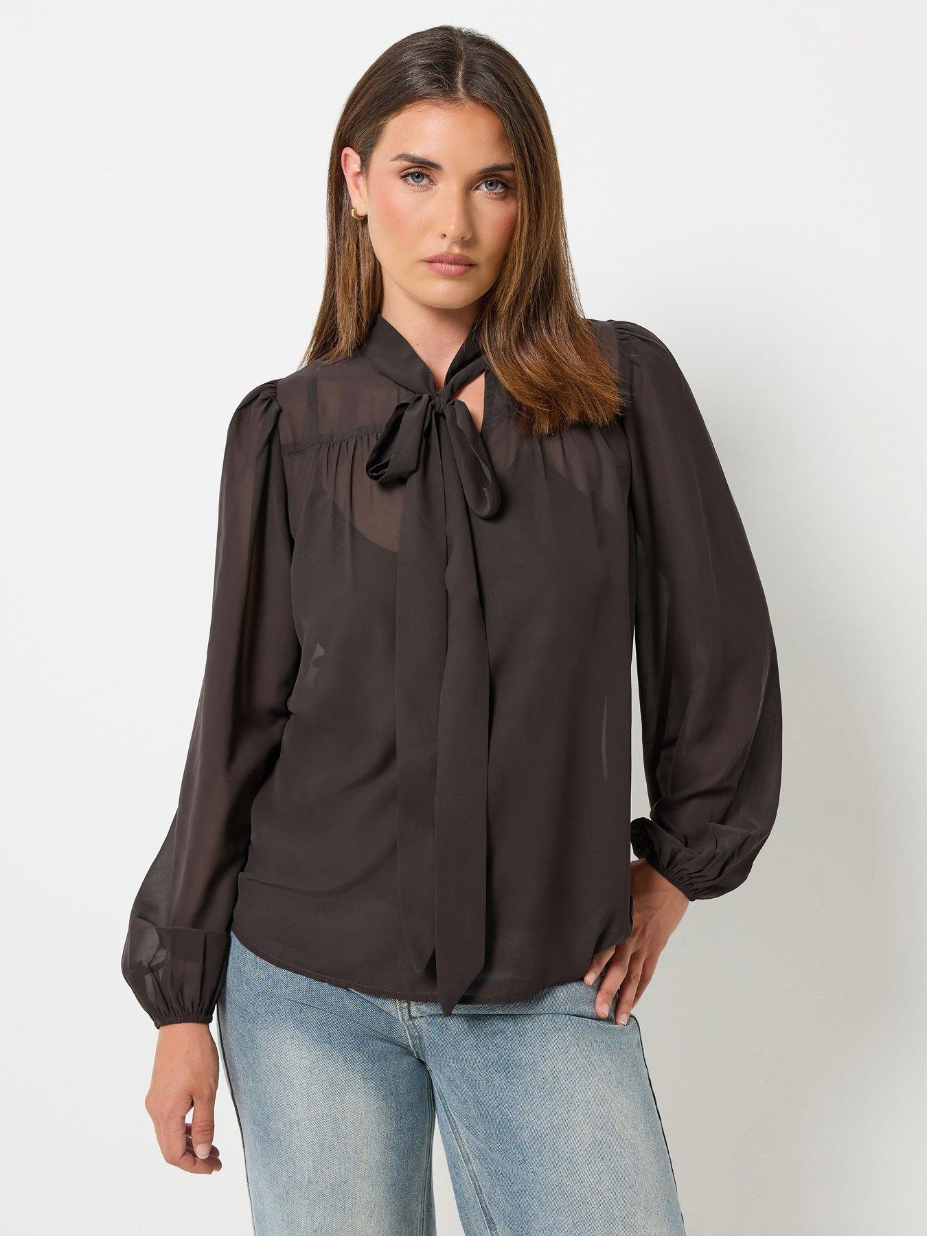 Long Tall Sally Georgette Tie Neck Shirt - Brown