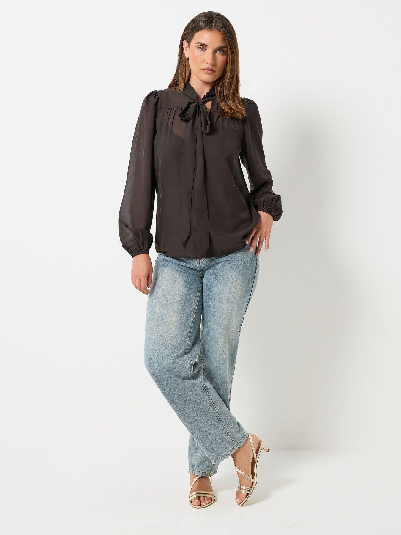Image 3 of 4 of Long Tall Sally Georgette Tie Neck Shirt - Brown