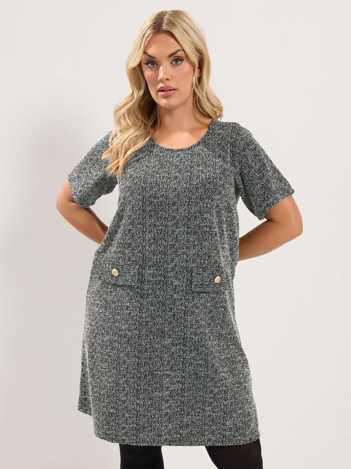 Yours Curve Short Sleeve Boucle Dress - Grey
