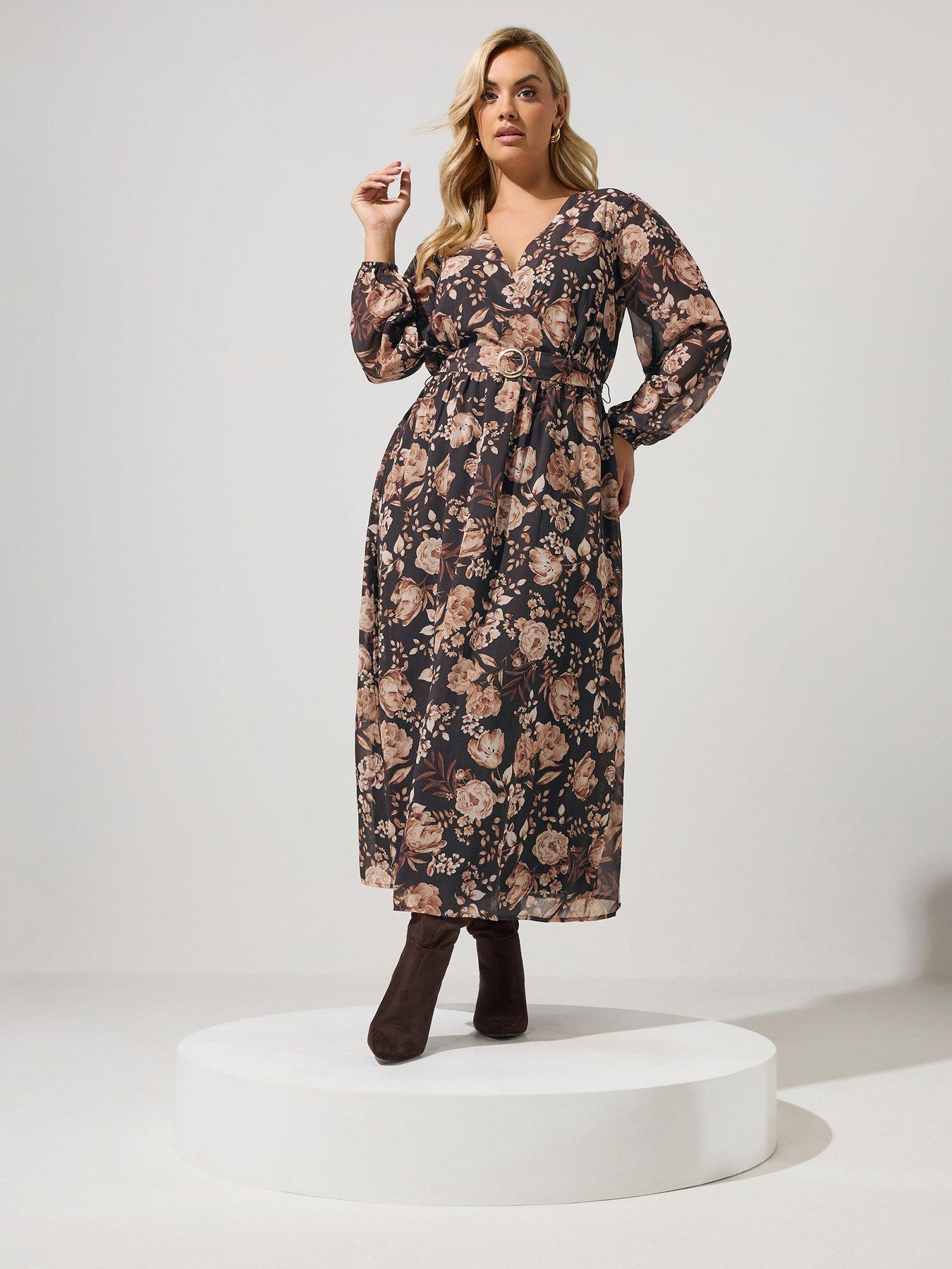 Image 1 of 4 of Yours Curve Buckle Wrap Dress - Brown