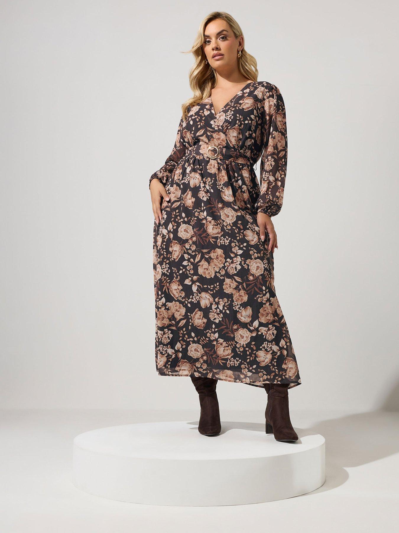 Image 3 of 4 of Yours Curve Buckle Wrap Dress - Brown