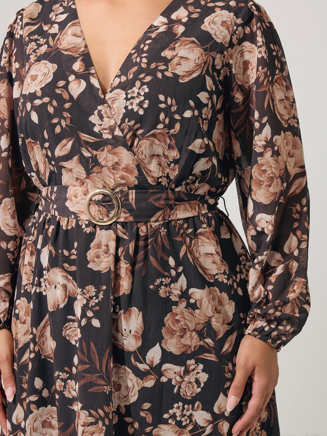 Image 4 of 4 of Yours Curve Buckle Wrap Dress - Brown