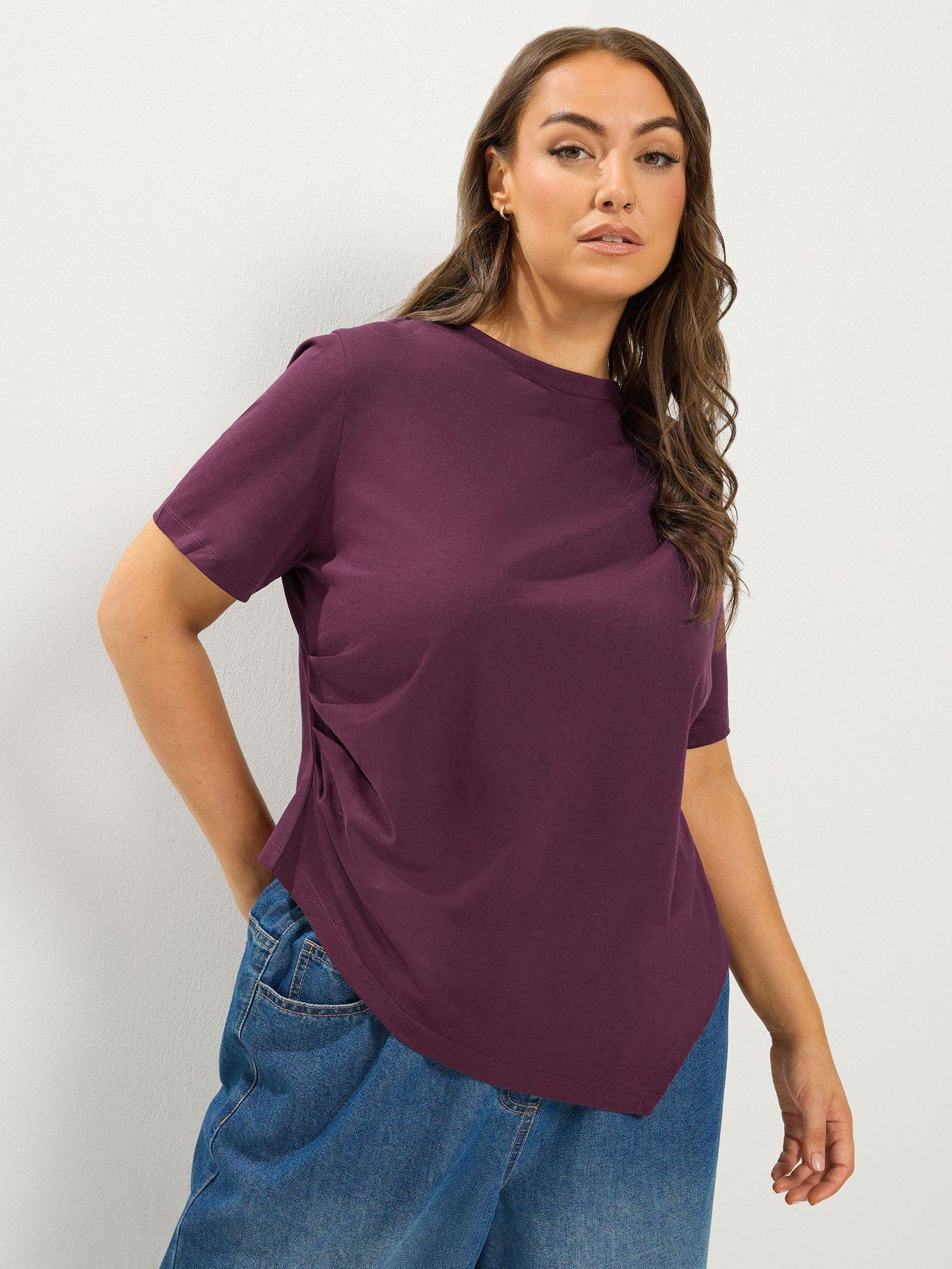 Image 1 of 4 of Yours Womens Curve Asymmetric Pleat Longerline Crew Neck Blouse - Purple