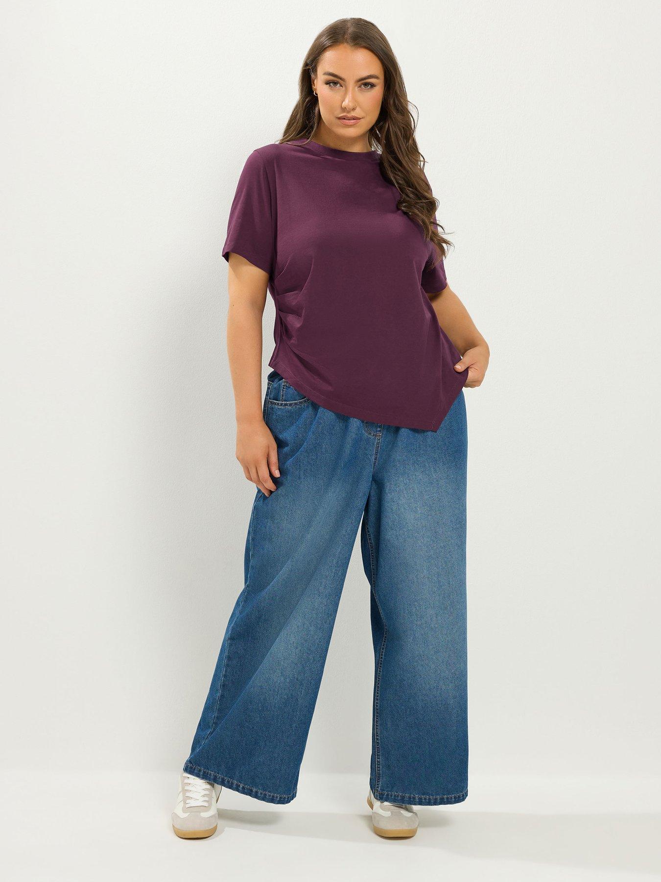 Image 3 of 4 of Yours Womens Curve Asymmetric Pleat Longerline Crew Neck Blouse - Purple