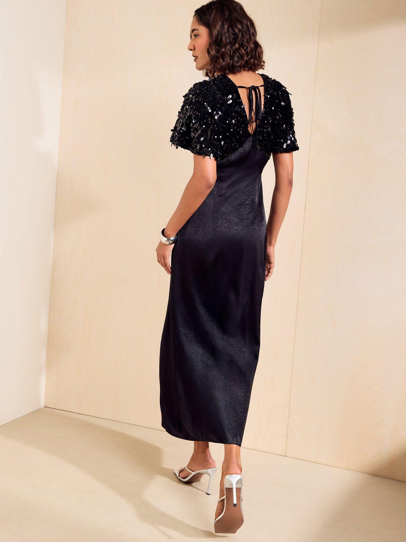 Image 2 of 5 of Friends Like These Sequin Sleeve Satin Midaxi Dress - Black