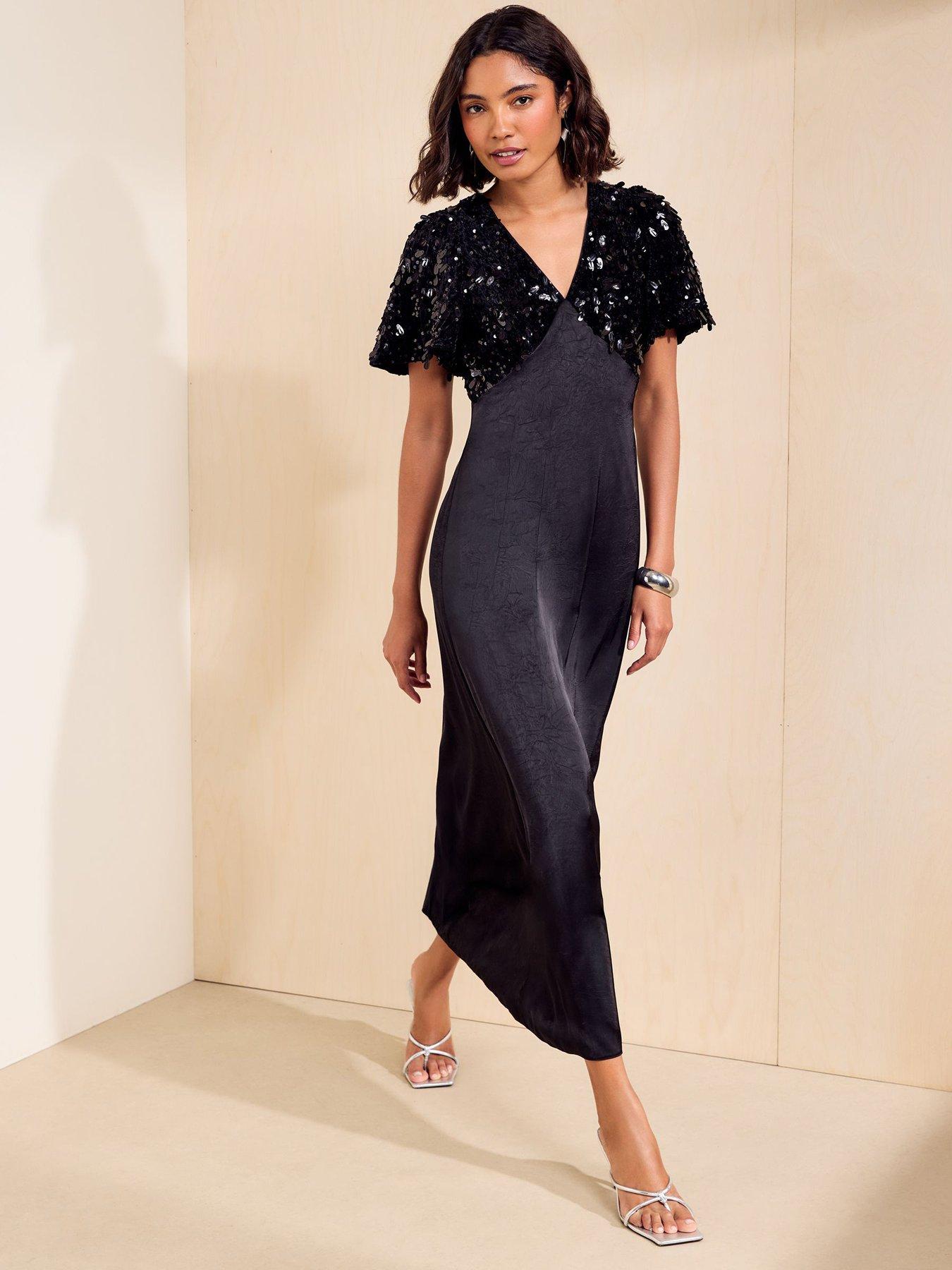 Image 3 of 5 of Friends Like These Sequin Sleeve Satin Midaxi Dress - Black