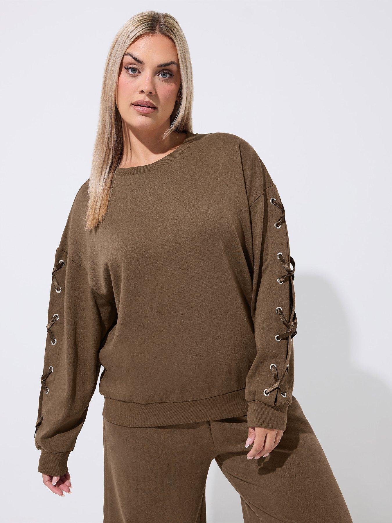 Yours Womens Plus Size Satin Cross Eyelet Sleeve Jumper - Brown