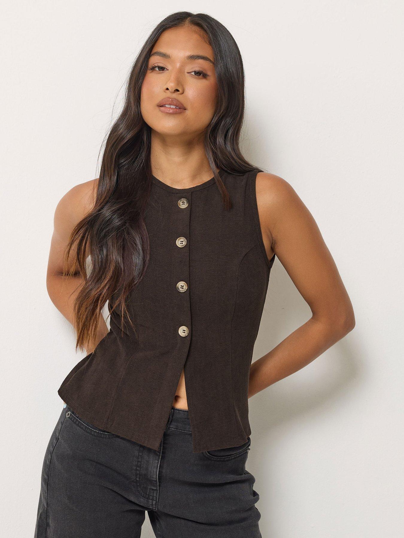 PixieGirl Petite Cord Button Front Top - Brown