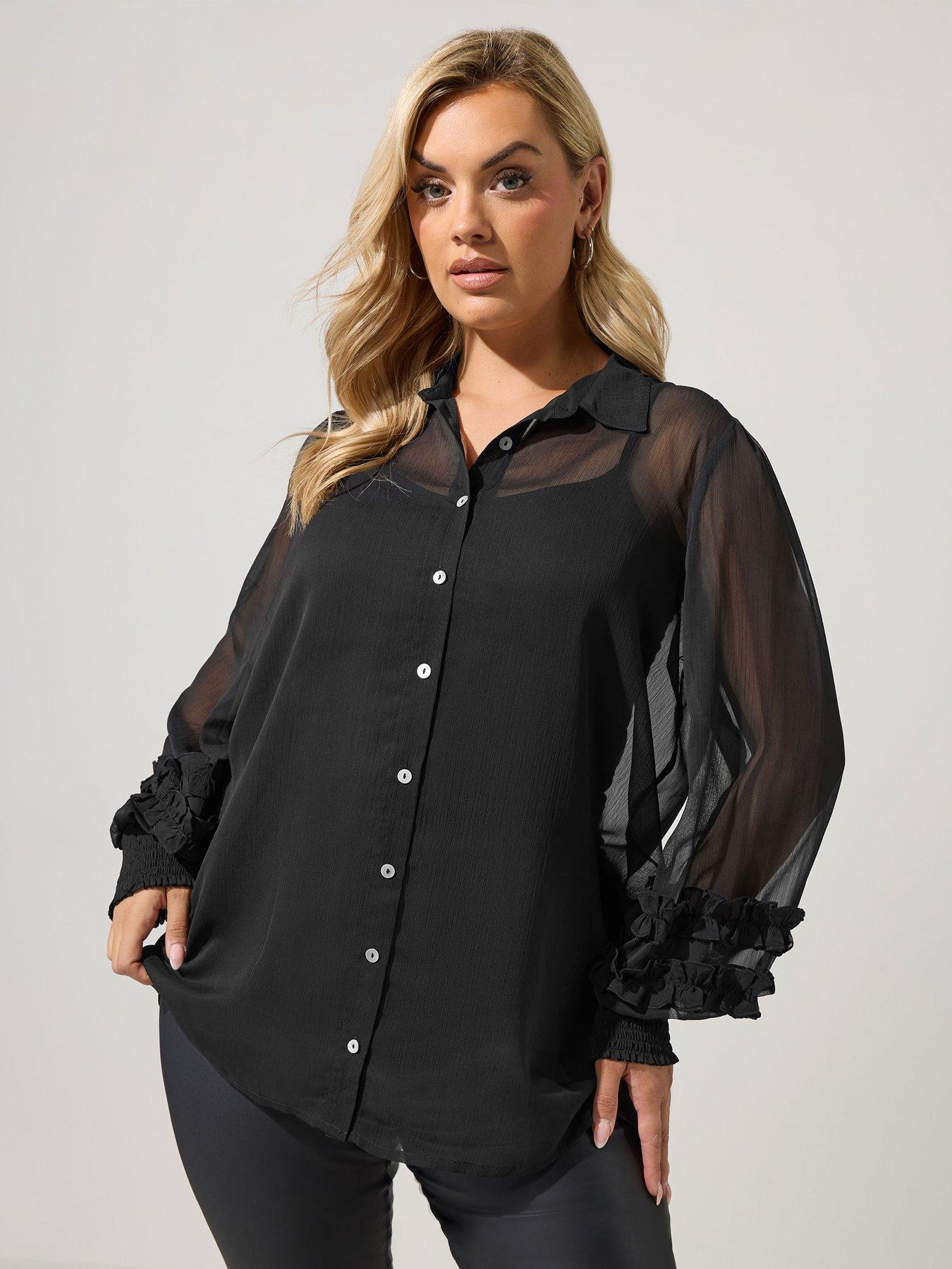 Yours Curve Sheer Cuffed Sleeve Shirt - Black