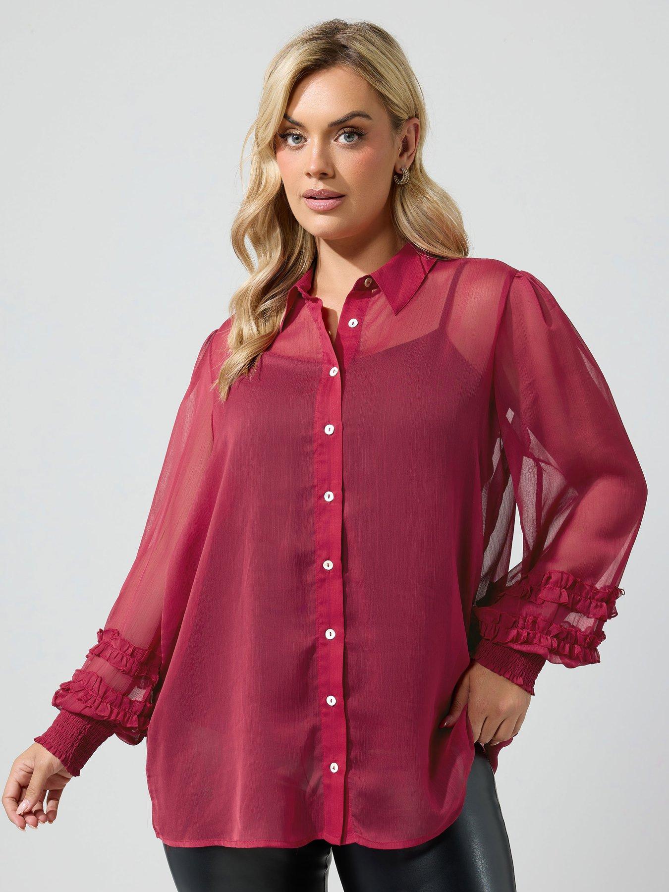 Yours Curve Sheer Cuffed Sleeve Shirt - Red