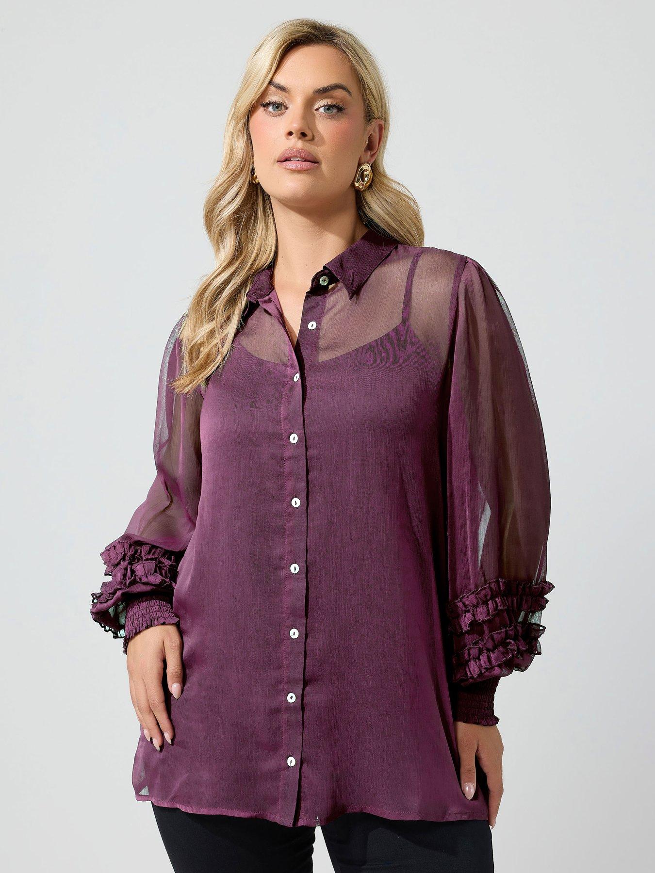 Yours Curve Sheer Cuffed Sleeve Shirt - Purple