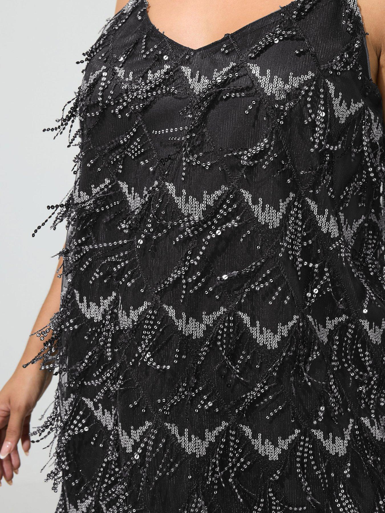 Image 4 of 4 of Yours Womens Curve Sequin Tassel V-Neck Slip Dress - Black