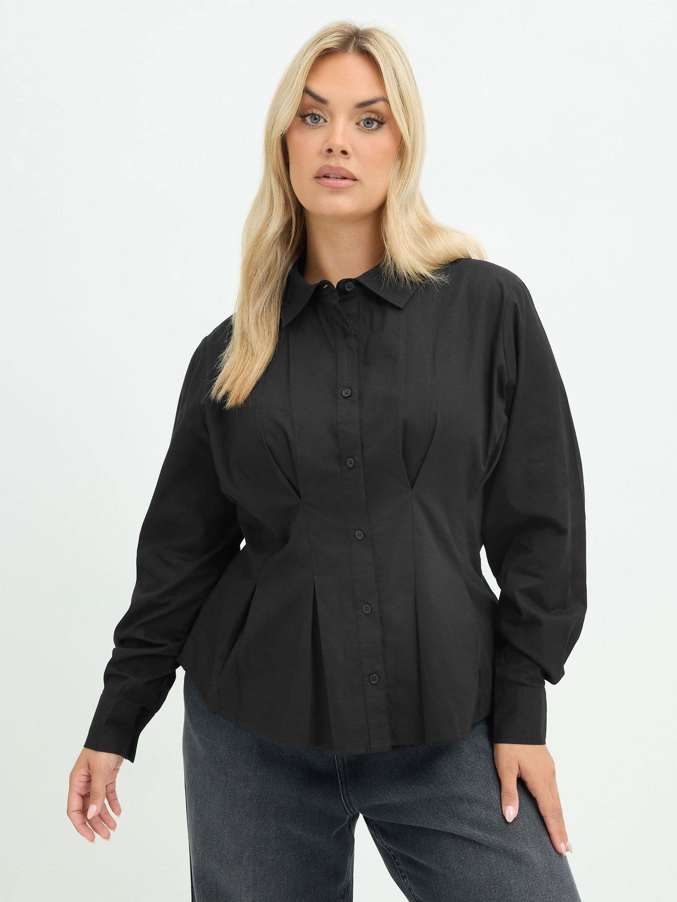 Yours Womens Plus Size Shaped Seam Button-Through Long Sleeve Shirt - Black