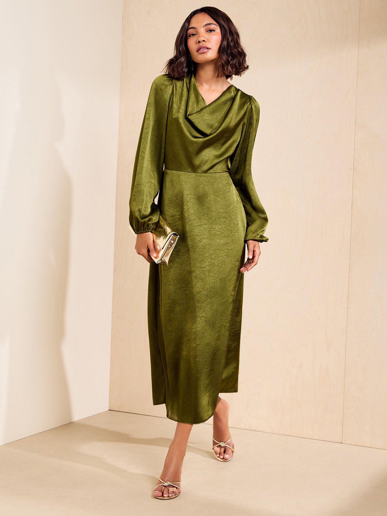 Friends Like These Satin Scarf Cowl Neck Long Sleeve Midaxi Dress - Green