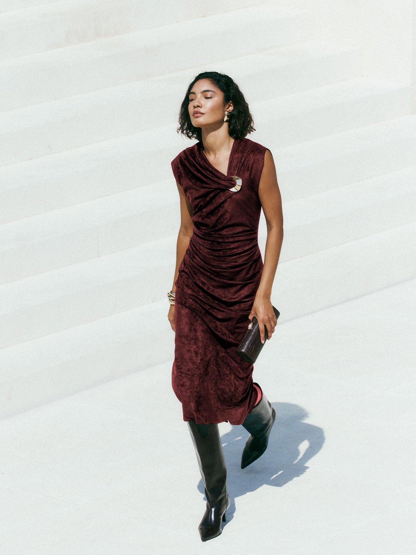 Image 3 of 4 of Friends Like These Suedette Hardware Draped Midi Dress - Red