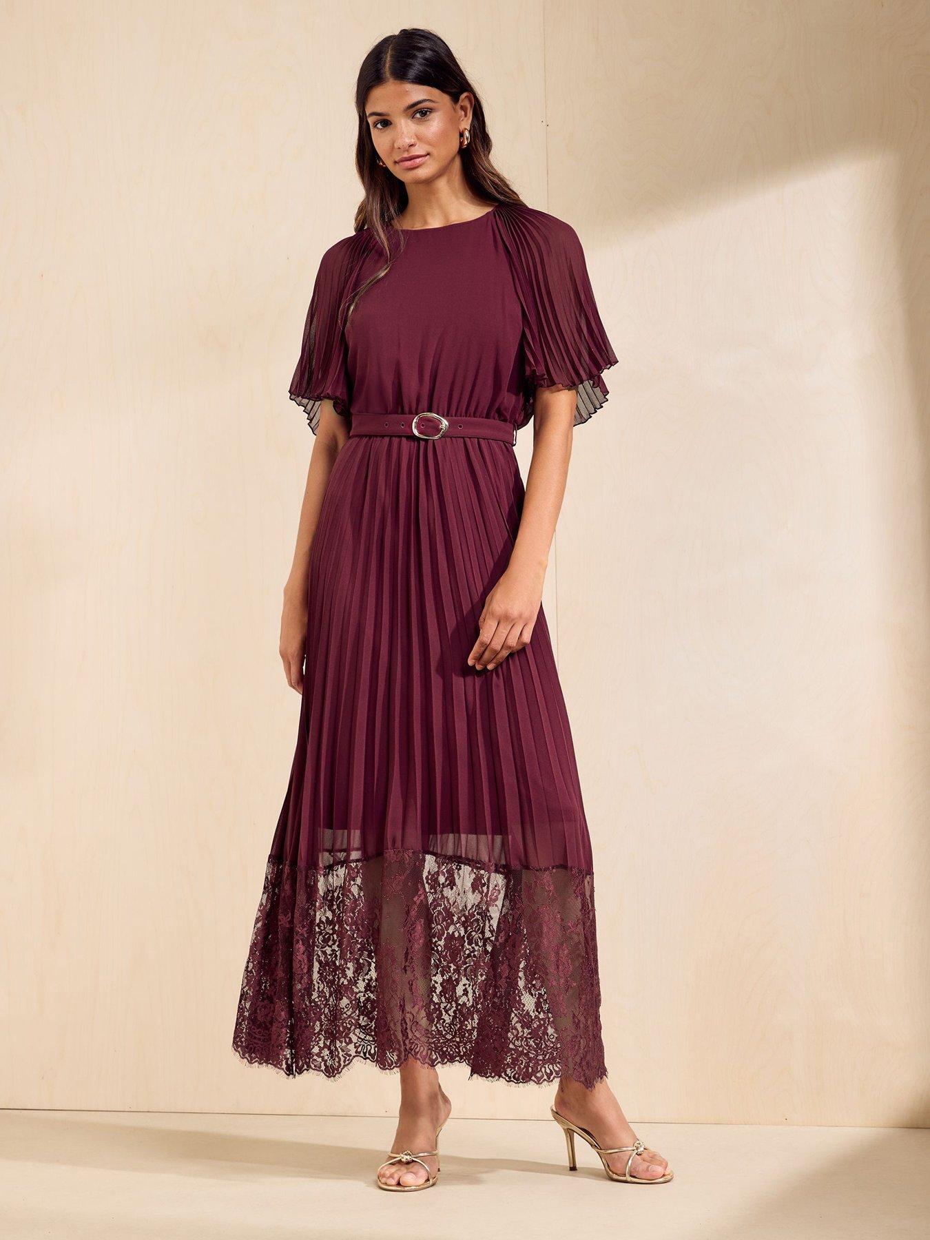 Image 1 of 5 of Friends Like These Pleated Short Sleeve Lace Hem Midaxi Dress - Red