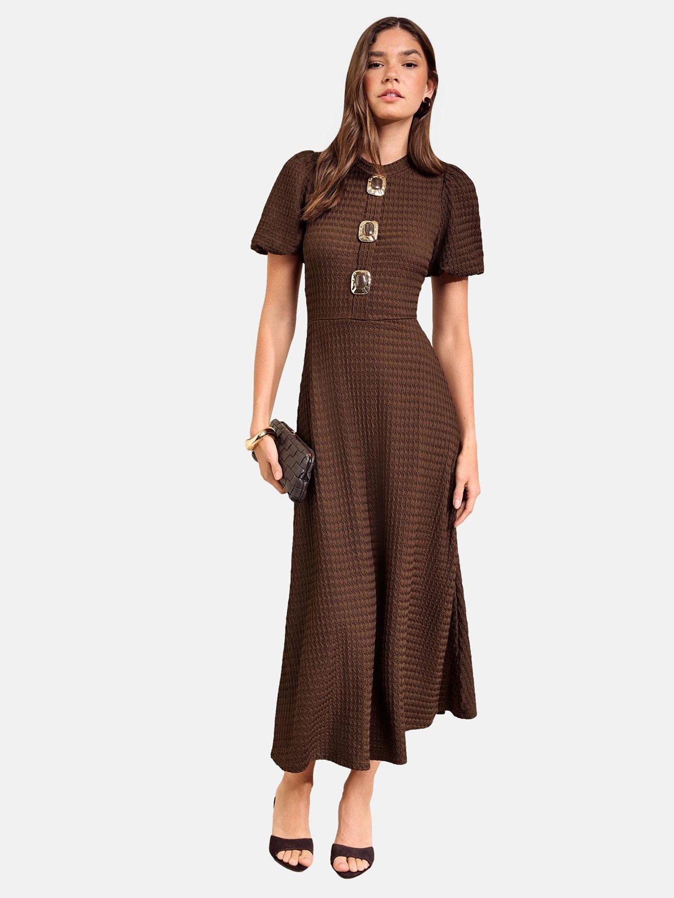 Friends Like These Textured Puff Sleeve Button Down Midi Dress - Brown