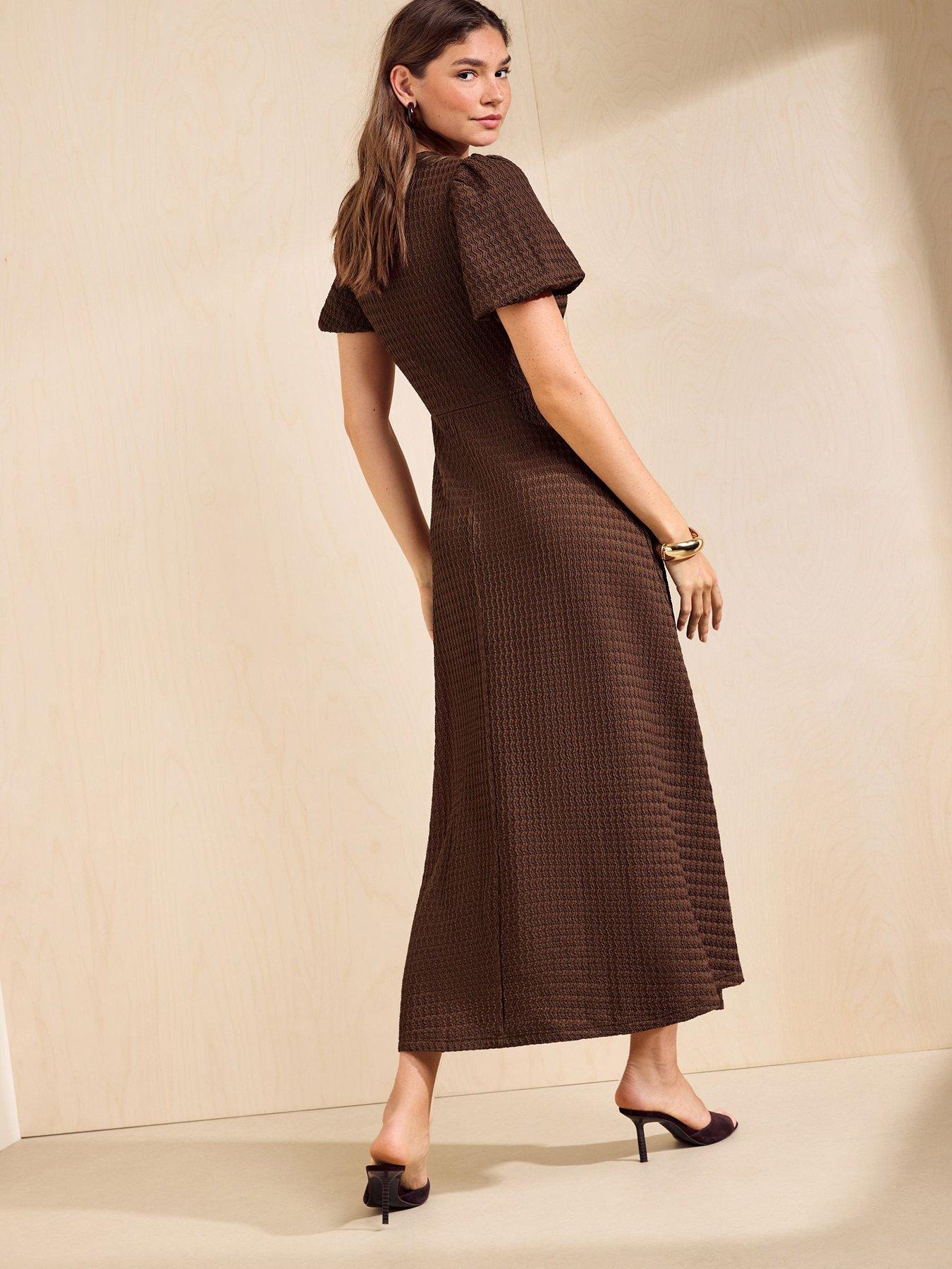 Image 2 of 5 of Friends Like These Textured Puff Sleeve Button Down Midi Dress - Brown