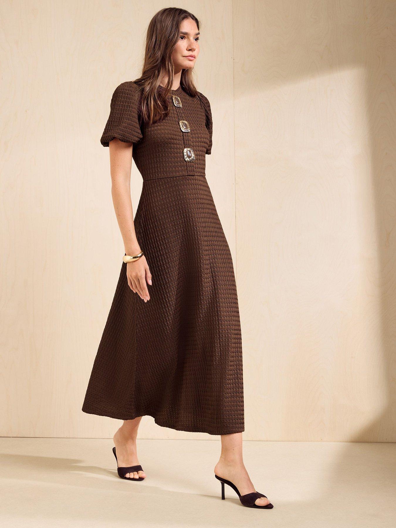 Image 3 of 5 of Friends Like These Textured Puff Sleeve Button Down Midi Dress - Brown
