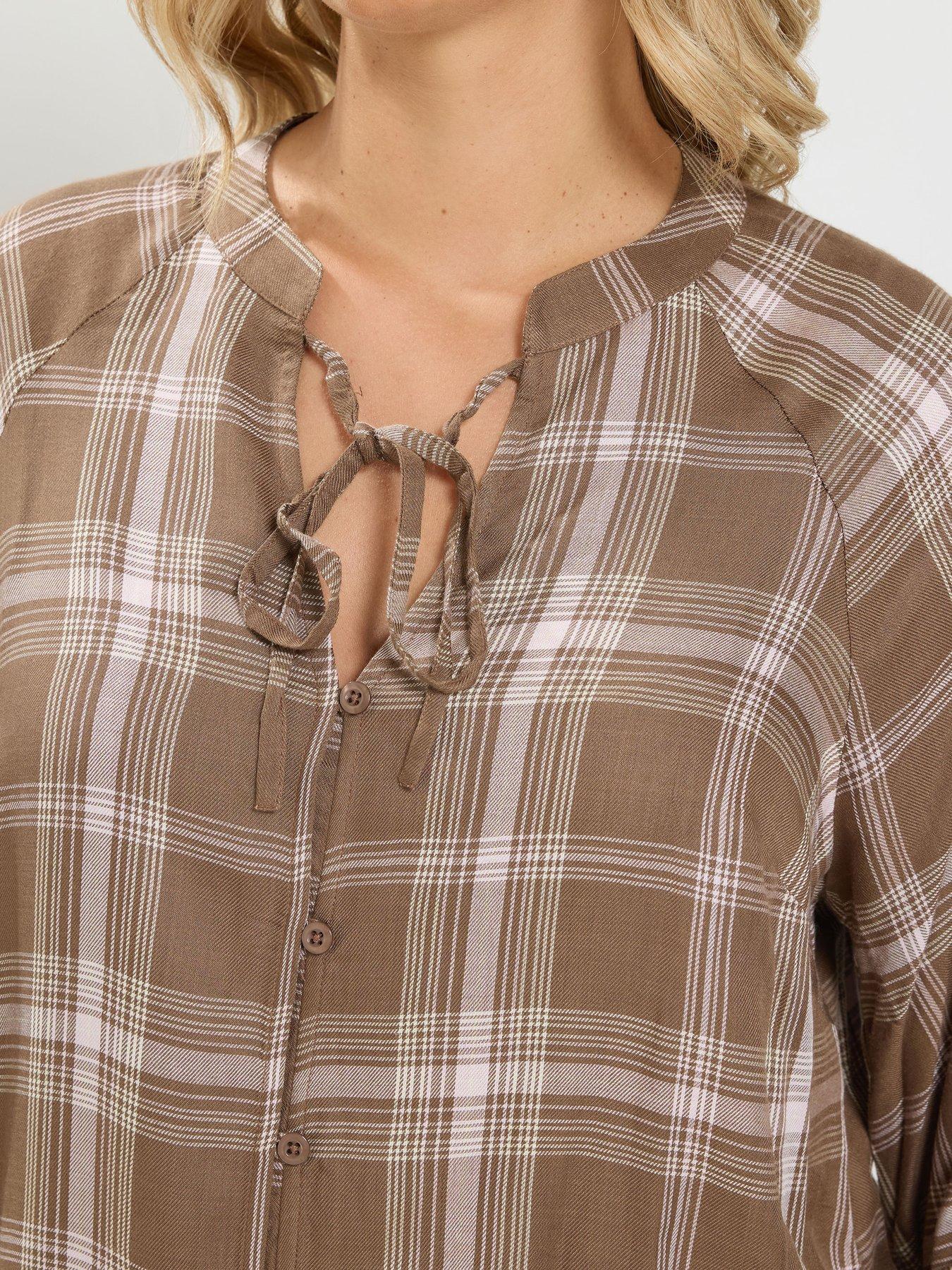 Image 4 of 4 of Yours Curve Check Button Through&nbsp;Tie Top - Brown