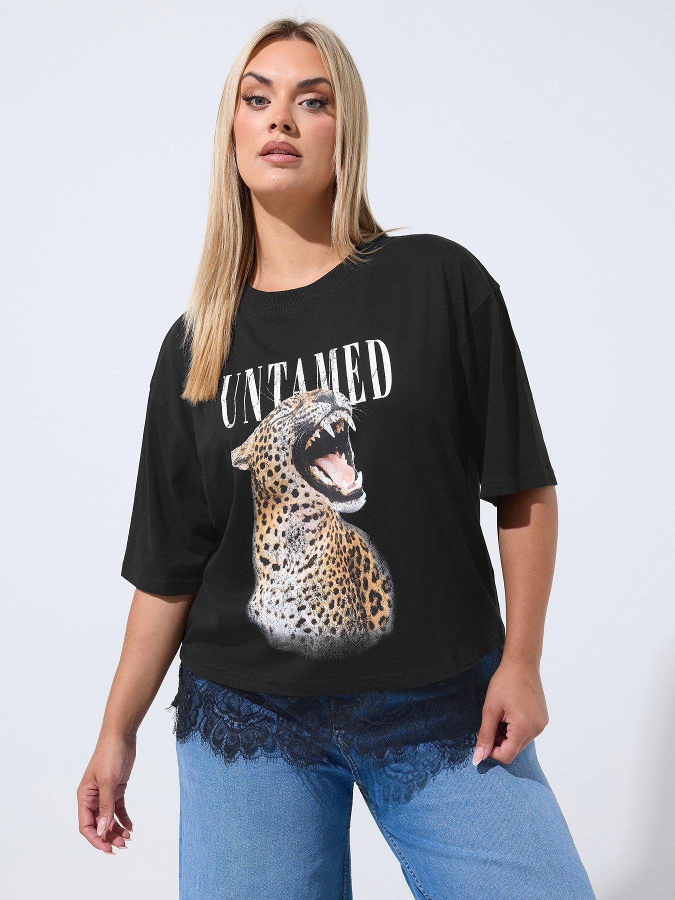 Image 1 of 4 of Yours Womens Curve Leopard Graphic Lace Hem T-Shirt - Black