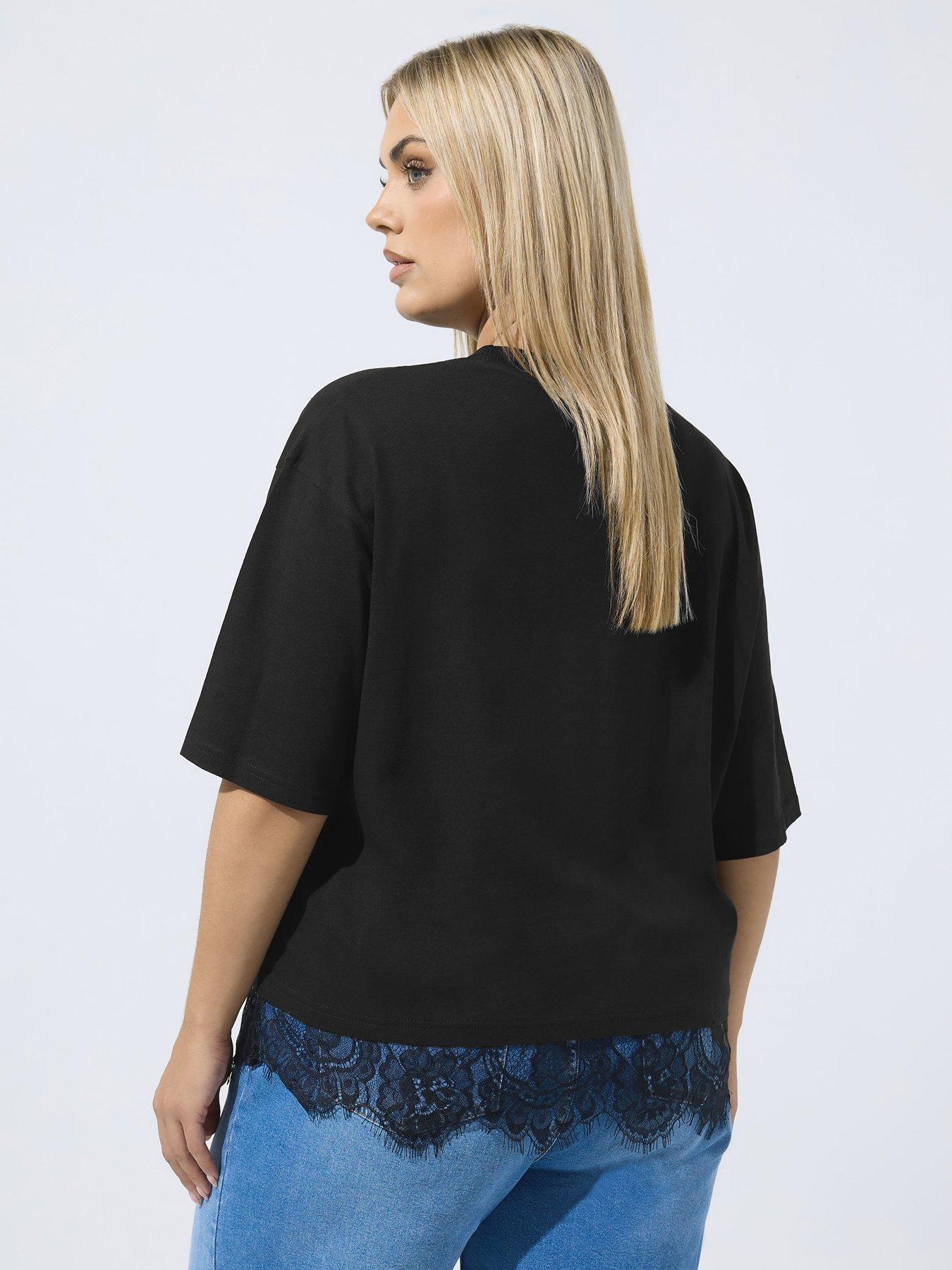 Image 2 of 4 of Yours Womens Curve Leopard Graphic Lace Hem T-Shirt - Black