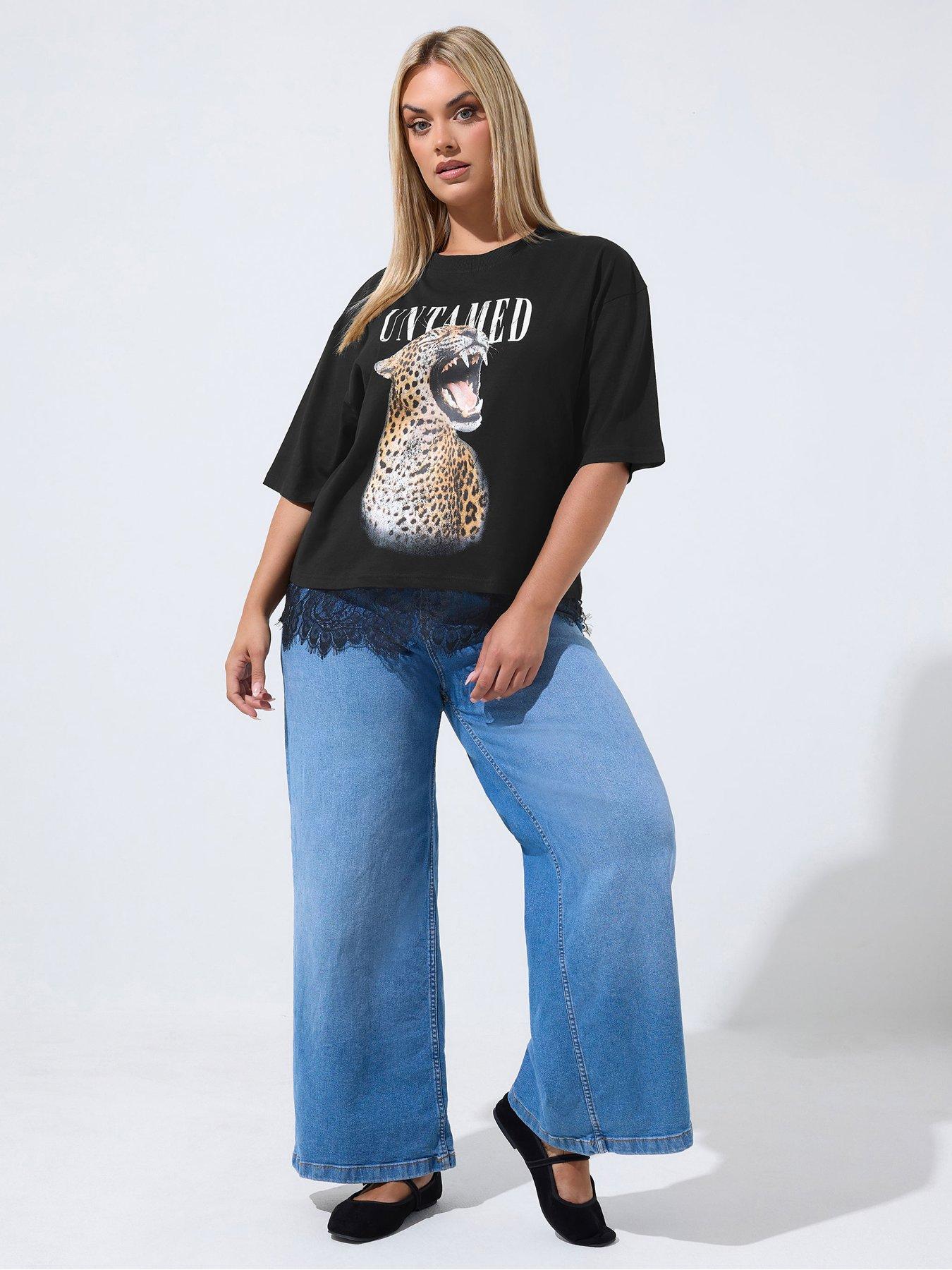 Image 3 of 4 of Yours Womens Curve Leopard Graphic Lace Hem T-Shirt - Black