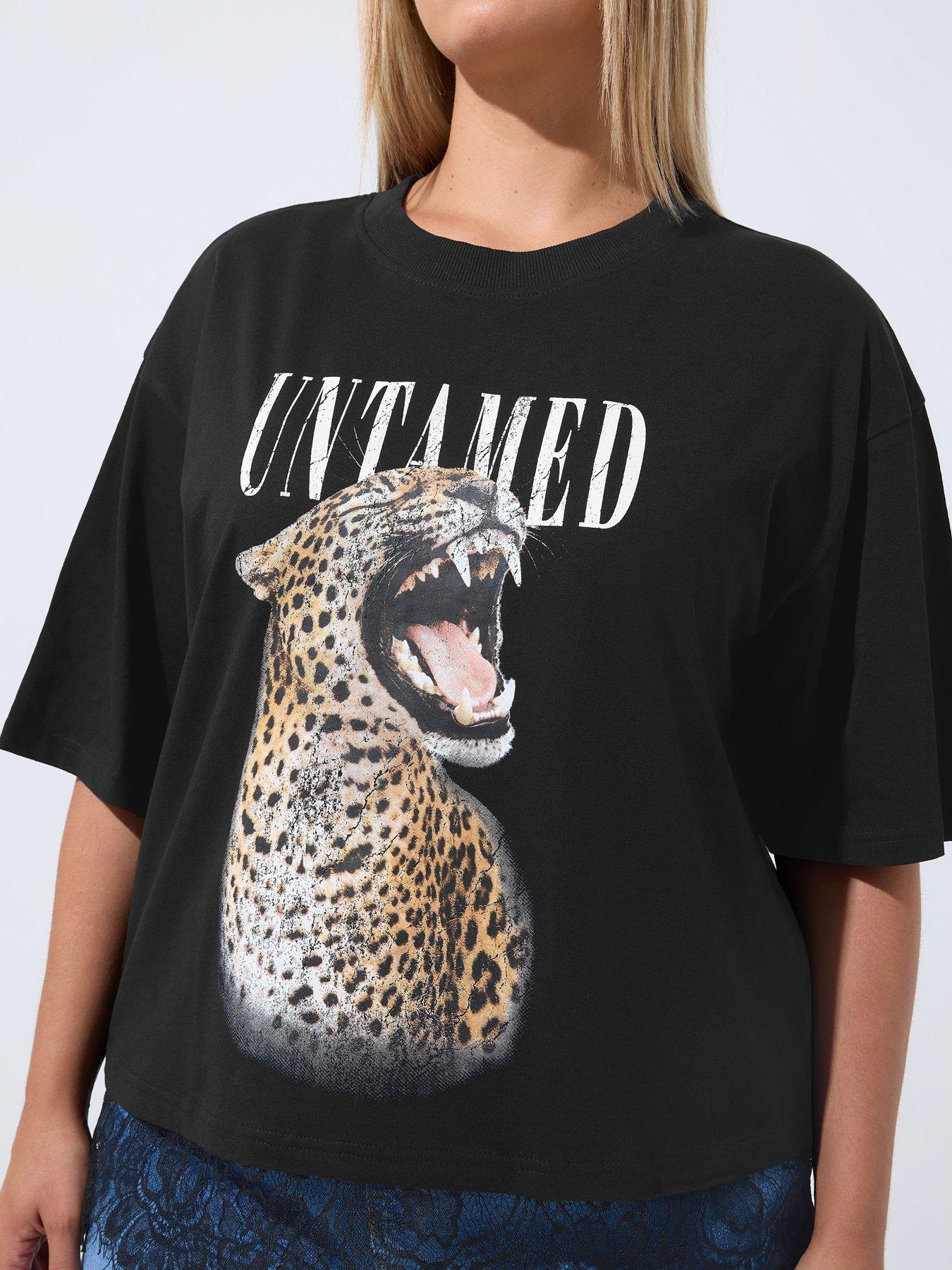 Image 4 of 4 of Yours Womens Curve Leopard Graphic Lace Hem T-Shirt - Black