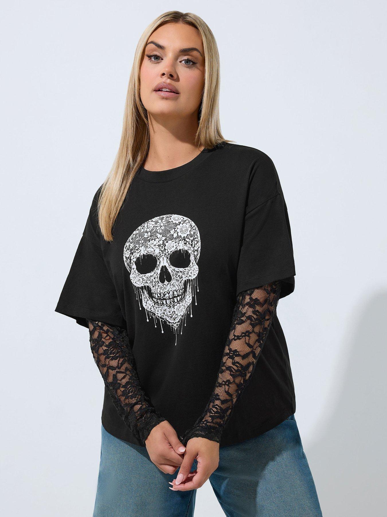 Yours Curve Skull Print Lace Sleeve T-Shirt - Black