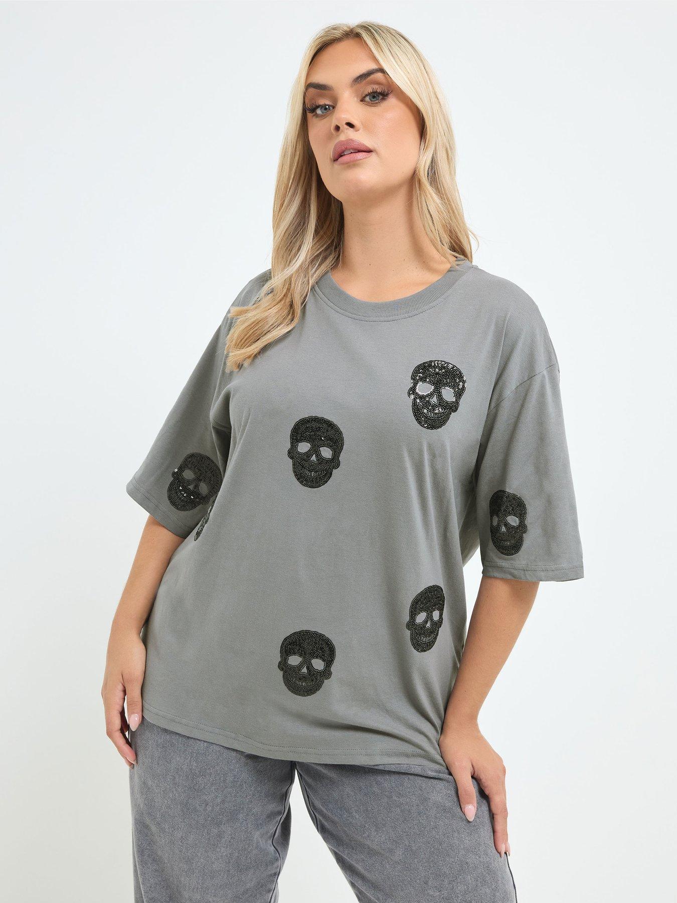 Image 1 of 4 of Yours Womens Curve Sequin Skull Jersey T-Shirt - Grey