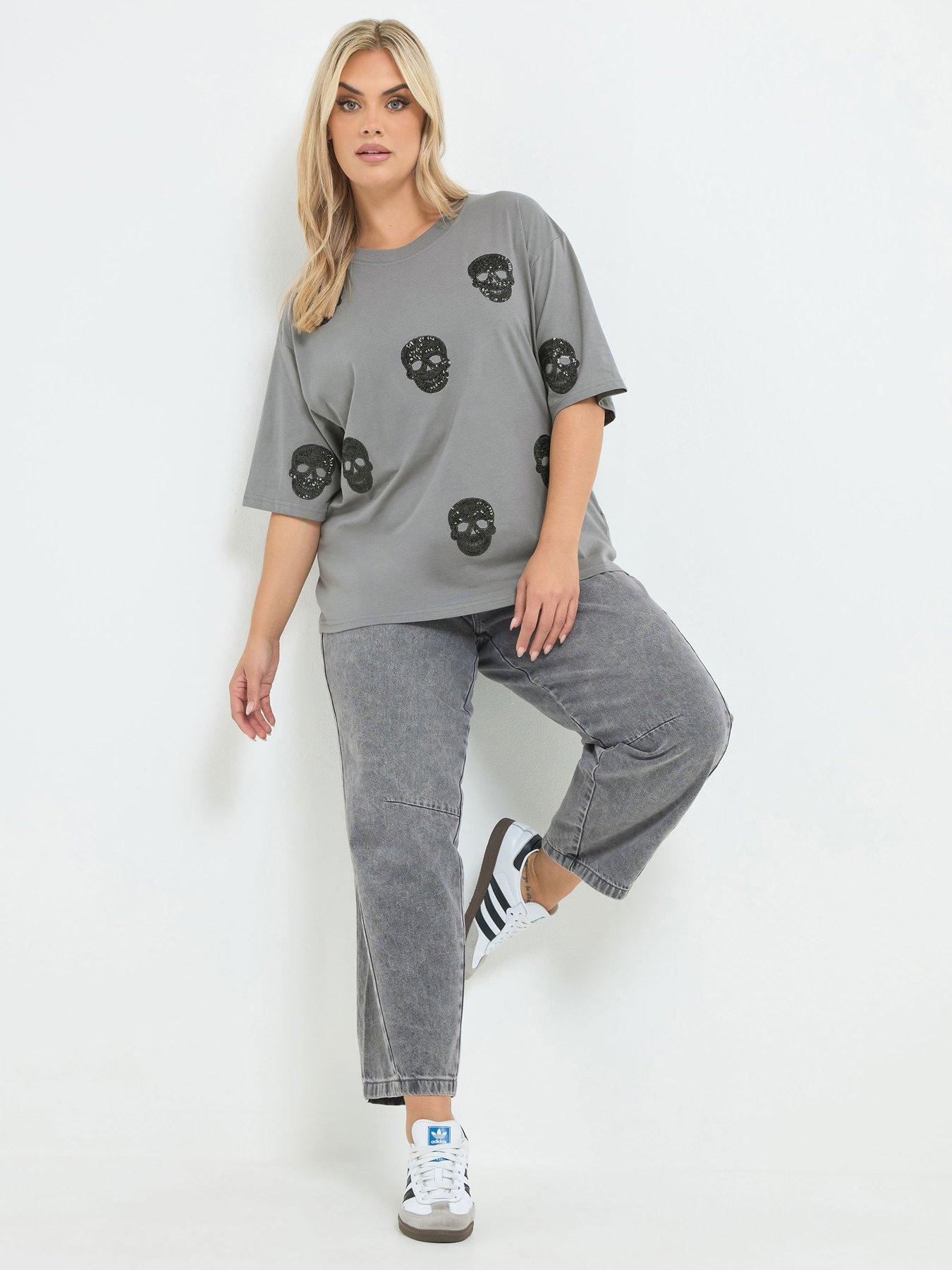 Image 3 of 4 of Yours Womens Curve Sequin Skull Jersey T-Shirt - Grey