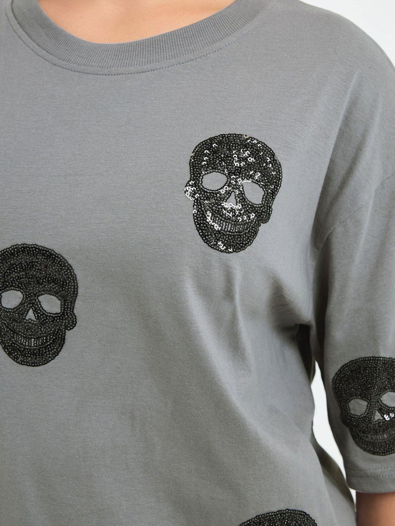 Image 4 of 4 of Yours Womens Curve Sequin Skull Jersey T-Shirt - Grey