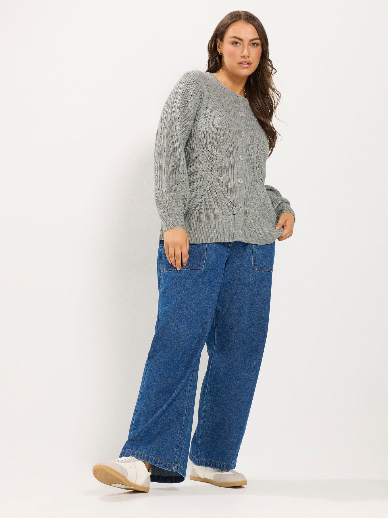 Image 3 of 4 of Yours Womens Plus Size Pointelle Sweatshirt Neck Cardigan - Grey