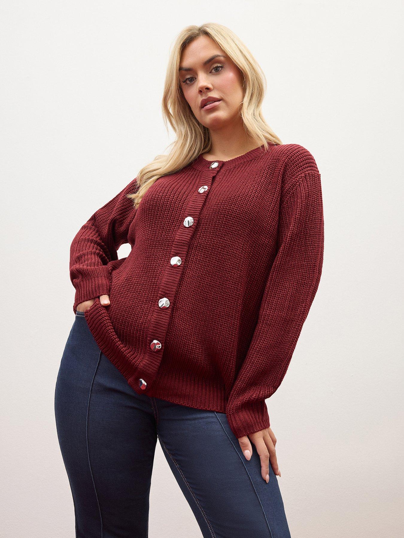 Image 1 of 4 of Yours Womens Curve Statement Button Chunky Knit Cardigan - Red