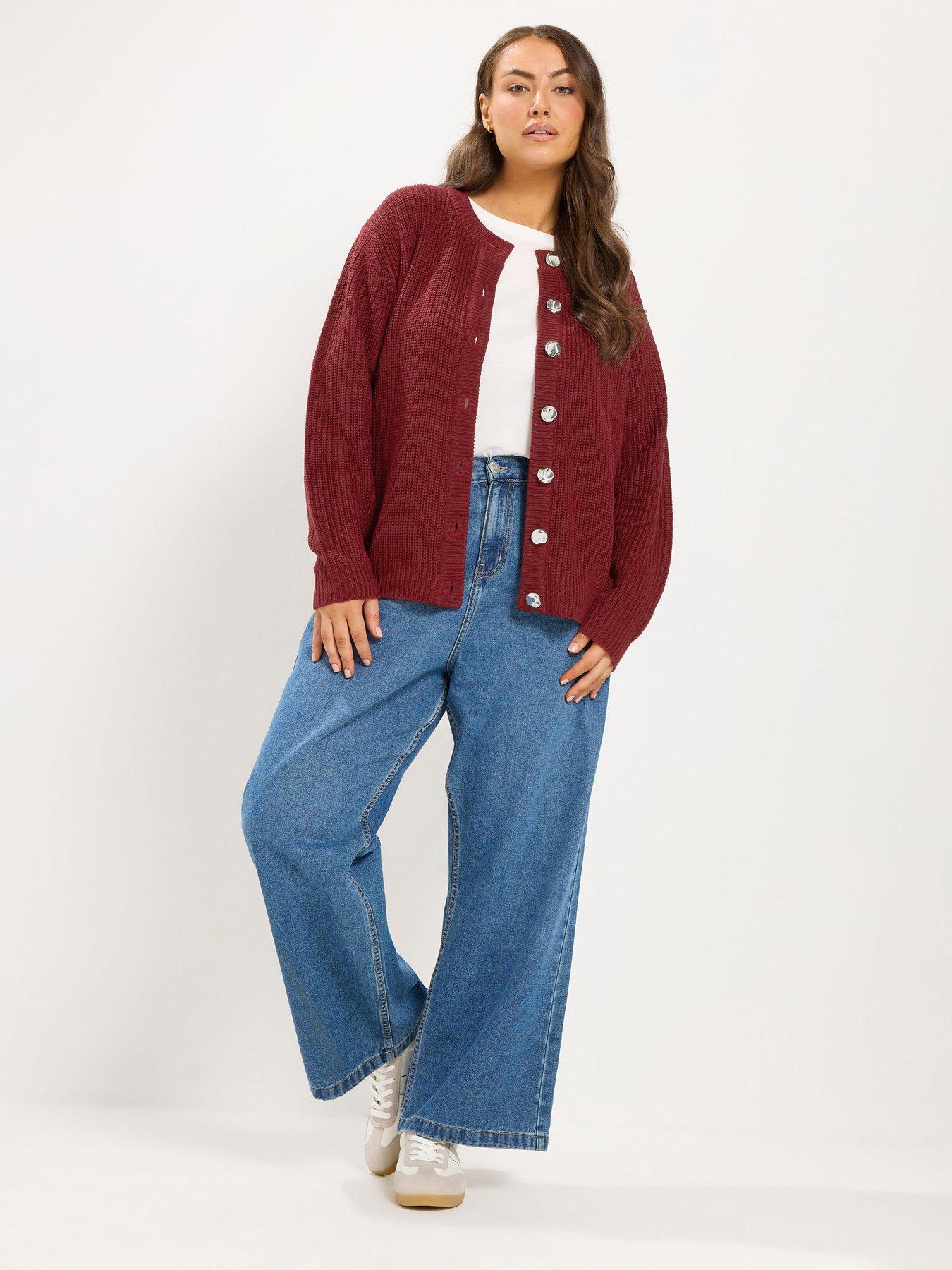 Image 3 of 4 of Yours Womens Curve Statement Button Chunky Knit Cardigan - Red