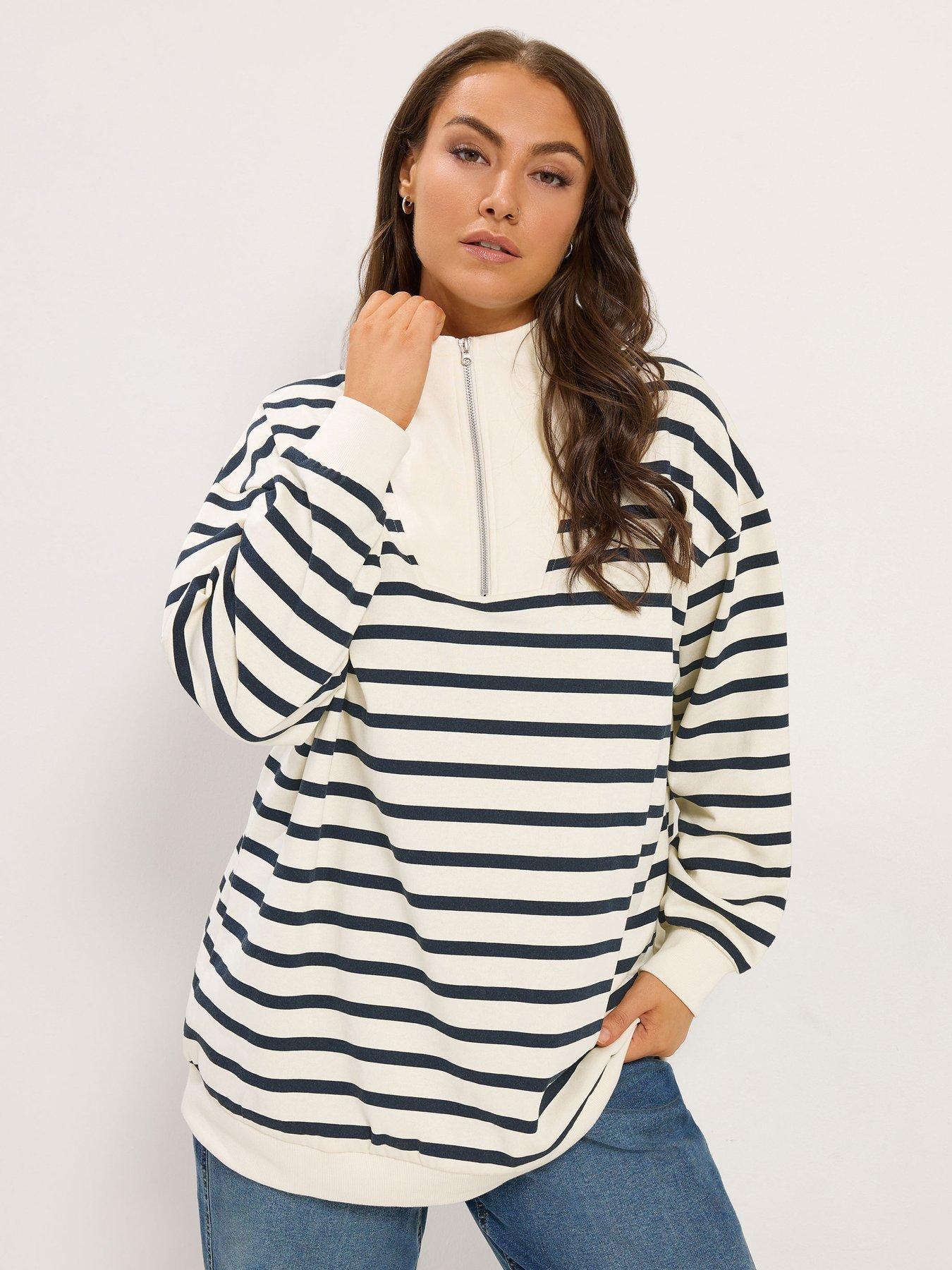 Image 1 of 4 of Yours Womens Curve Funnel Neck Half Zip Stripe Sweatshirt - Cream