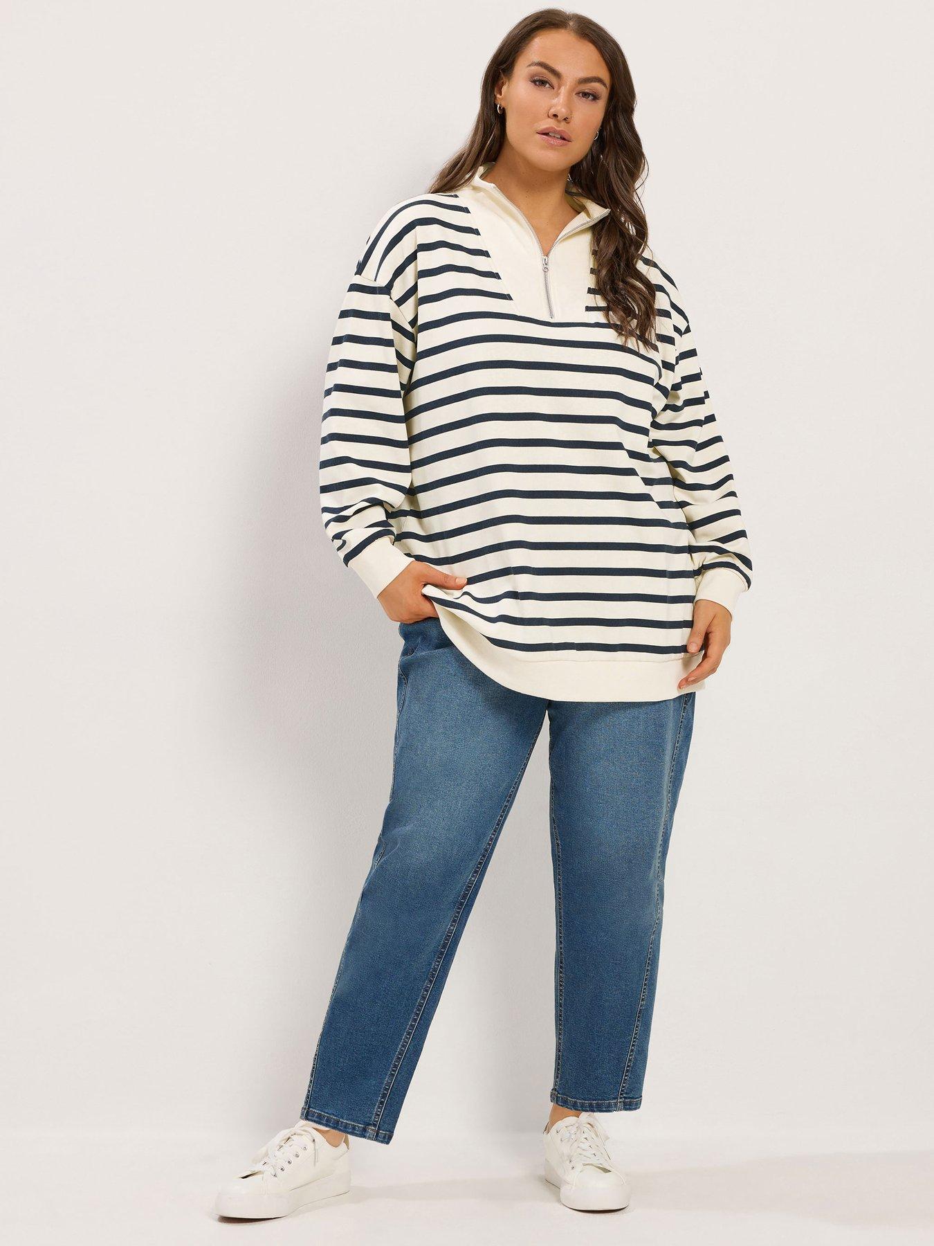 Image 3 of 4 of Yours Womens Curve Funnel Neck Half Zip Stripe Sweatshirt - Cream