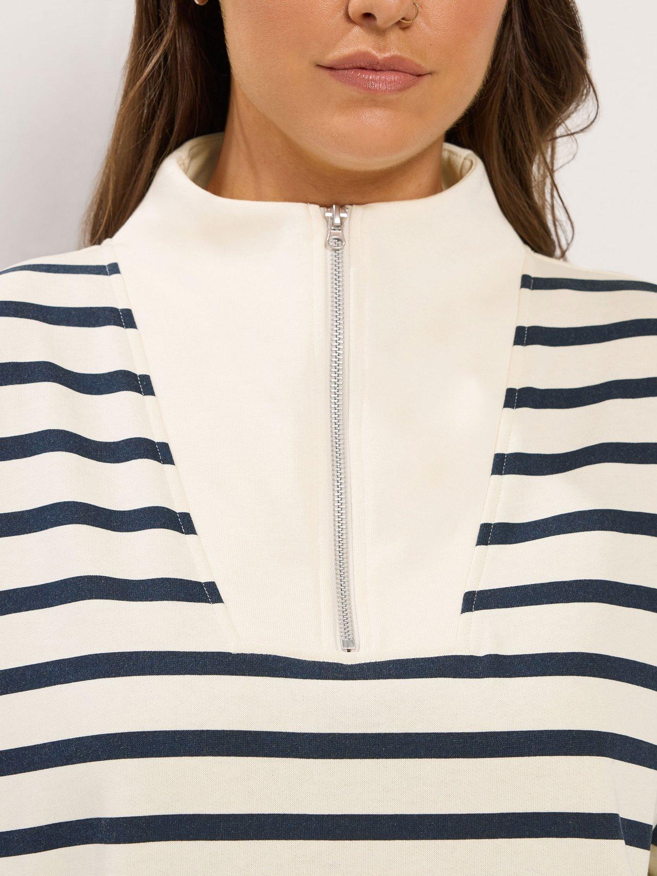 Image 4 of 4 of Yours Womens Curve Funnel Neck Half Zip Stripe Sweatshirt - Cream