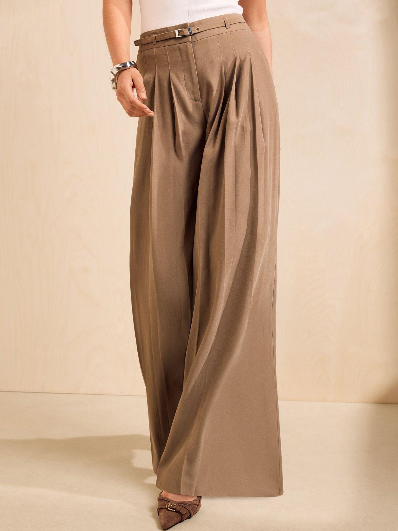 Friends Like These Mocha Belted Pleat Wide Leg Trousers - Brown