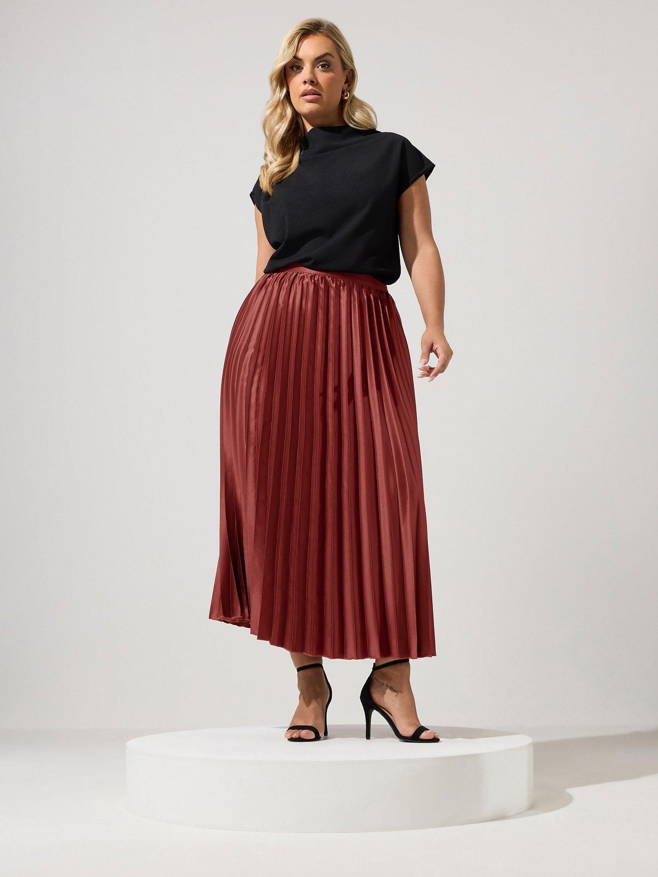 Image 3 of 4 of Yours Curve Pleated Satin Skirt - Brown