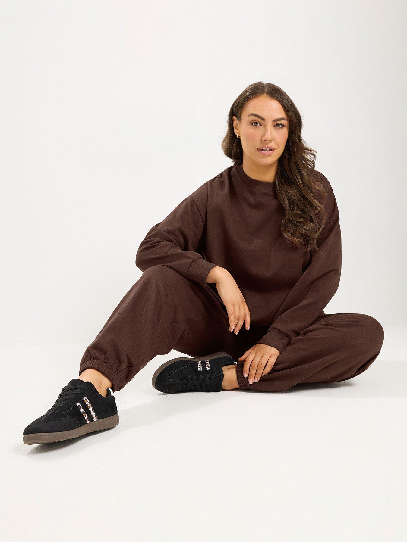 Image 1 of 4 of Yours Curve Crew Neck Sweatshirt And Cuffed Jogger - Brown