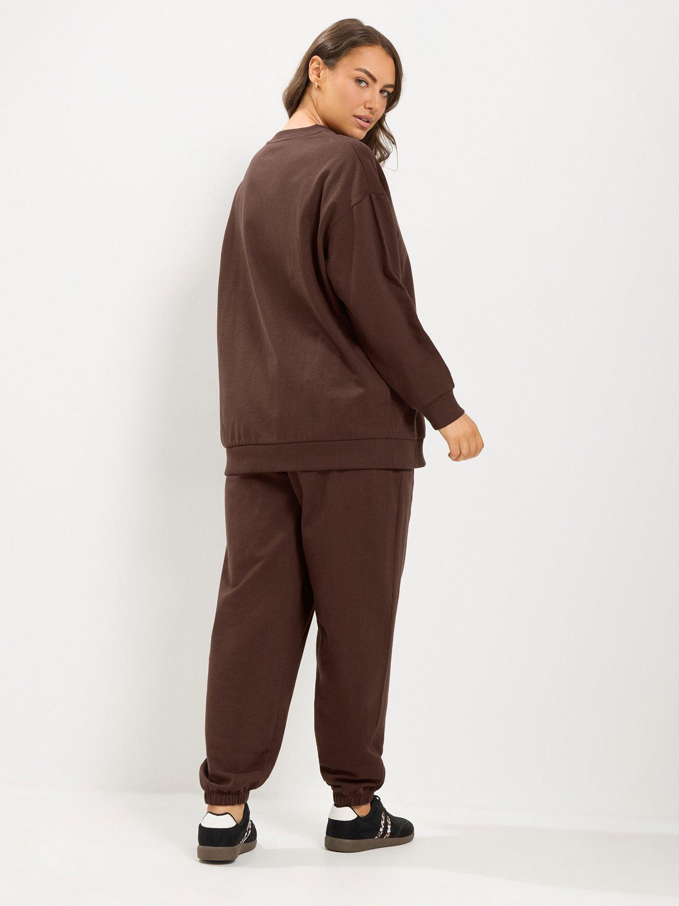 Image 2 of 4 of Yours Curve Crew Neck Sweatshirt And Cuffed Jogger - Brown