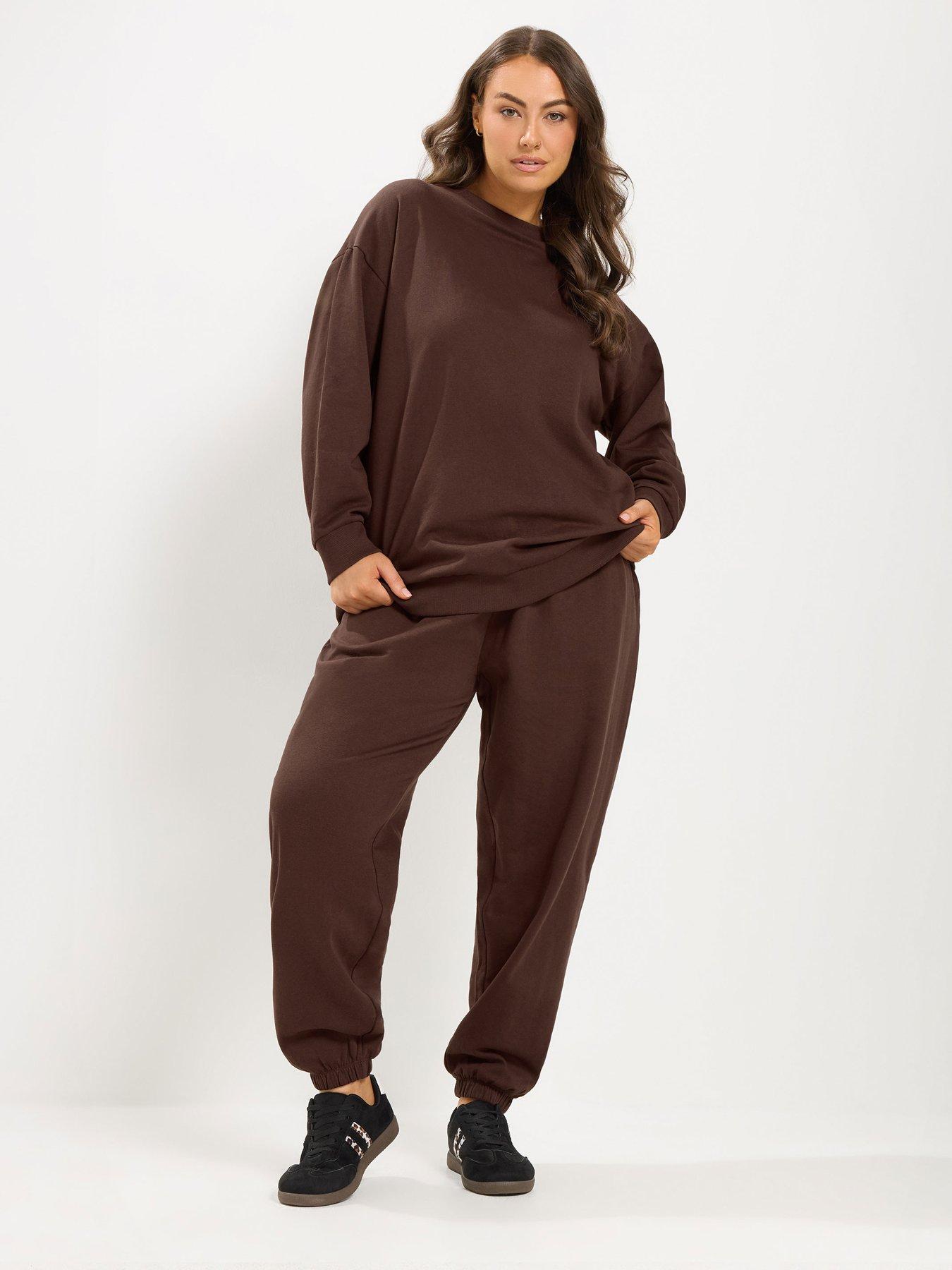 Image 3 of 4 of Yours Curve Crew Neck Sweatshirt And Cuffed Jogger - Brown